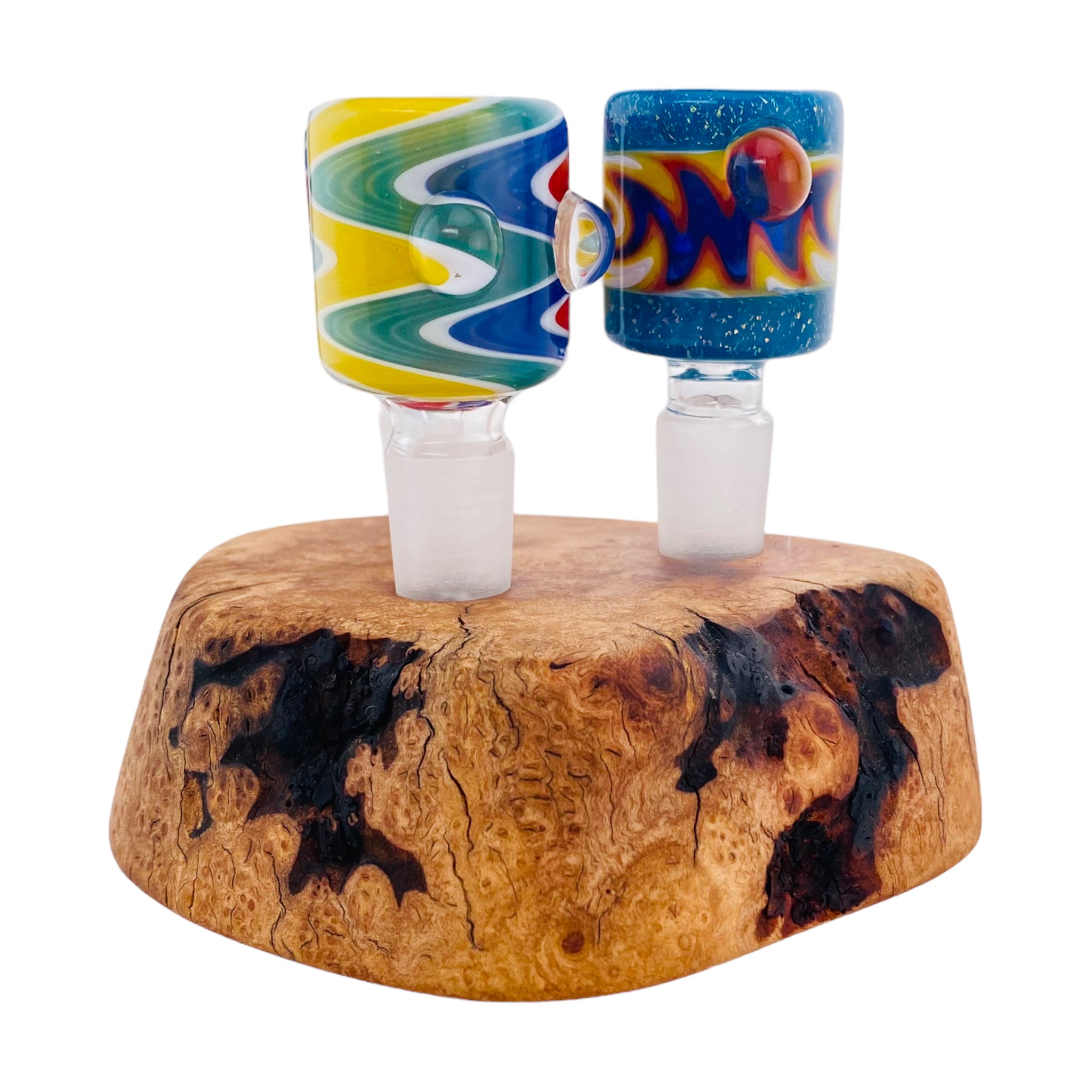 3 Hole Wood Display Stand Holder For 14mm Bong Bowl Pieces Or Quartz Bangers - Charred Manzanita Burl