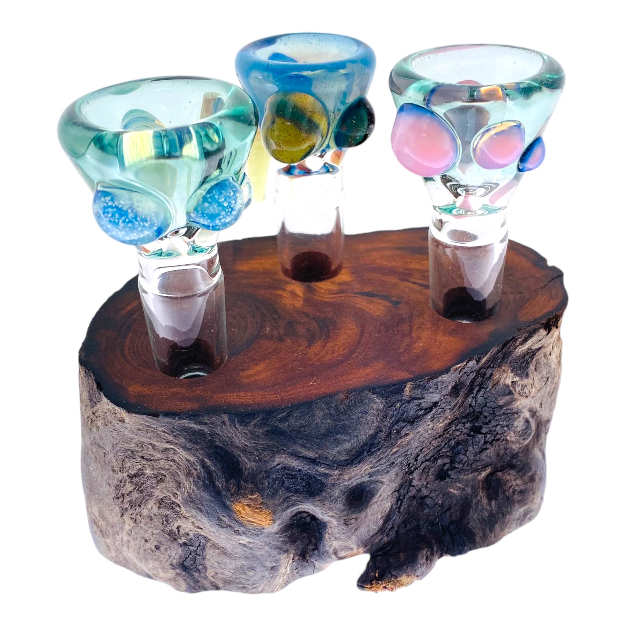 3 Hole Wood Display Stand Holder For 14mm Bong Bowl Pieces Or Quartz Bangers - Red Wood Burl With Live Edge #3