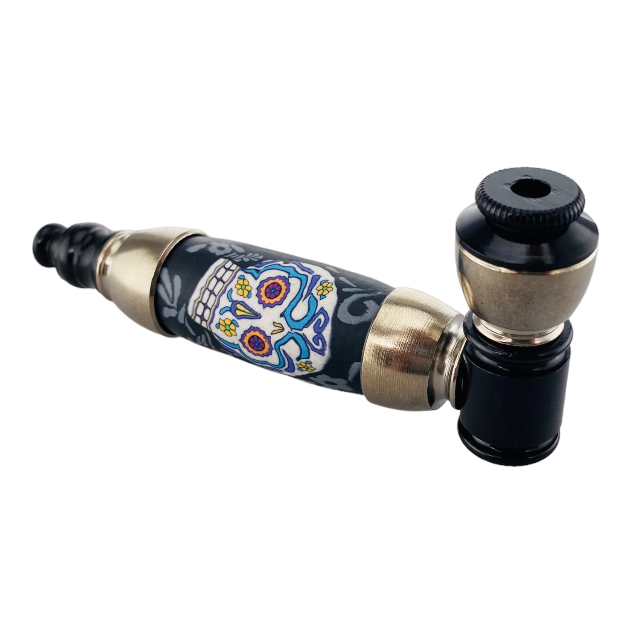 Large Chamber Silver And Black Hand Pipe With Candy Skull