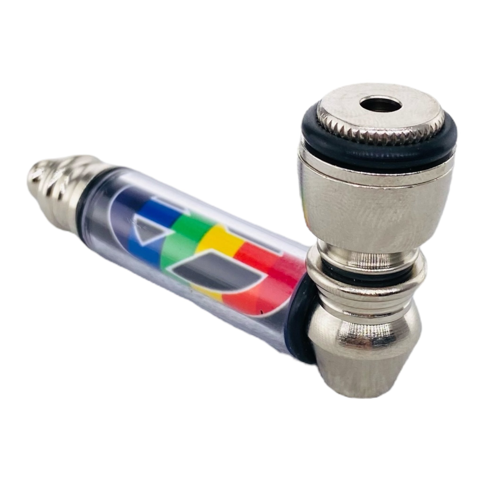 Metal Hand Pipes - Silver Chrome Hand Pipe With Rainbow Peace Sign Plastic Stem