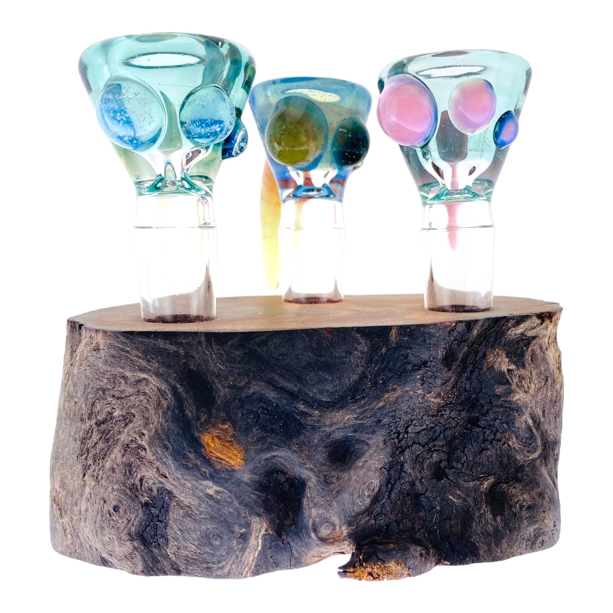 3 Hole Wood Display Stand Holder For 14mm Bong Bowl Pieces Or Quartz Bangers - Red Wood Burl With Live Edge #3