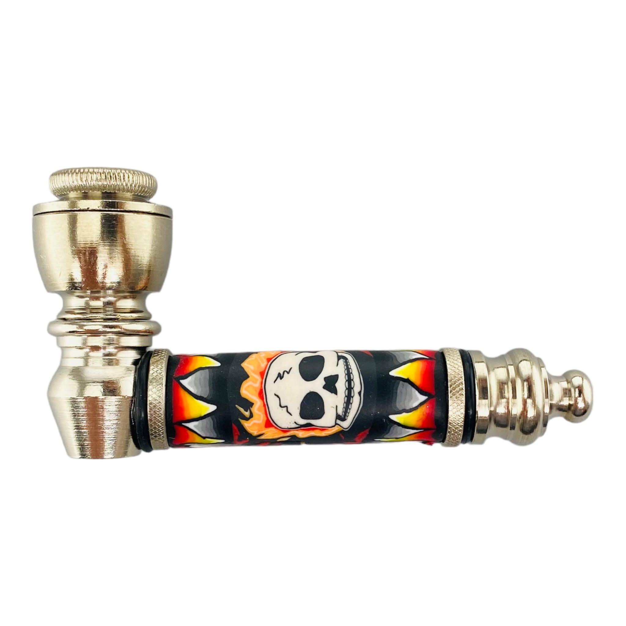 Silver Chrome Hand Pipe With Flaming Skull