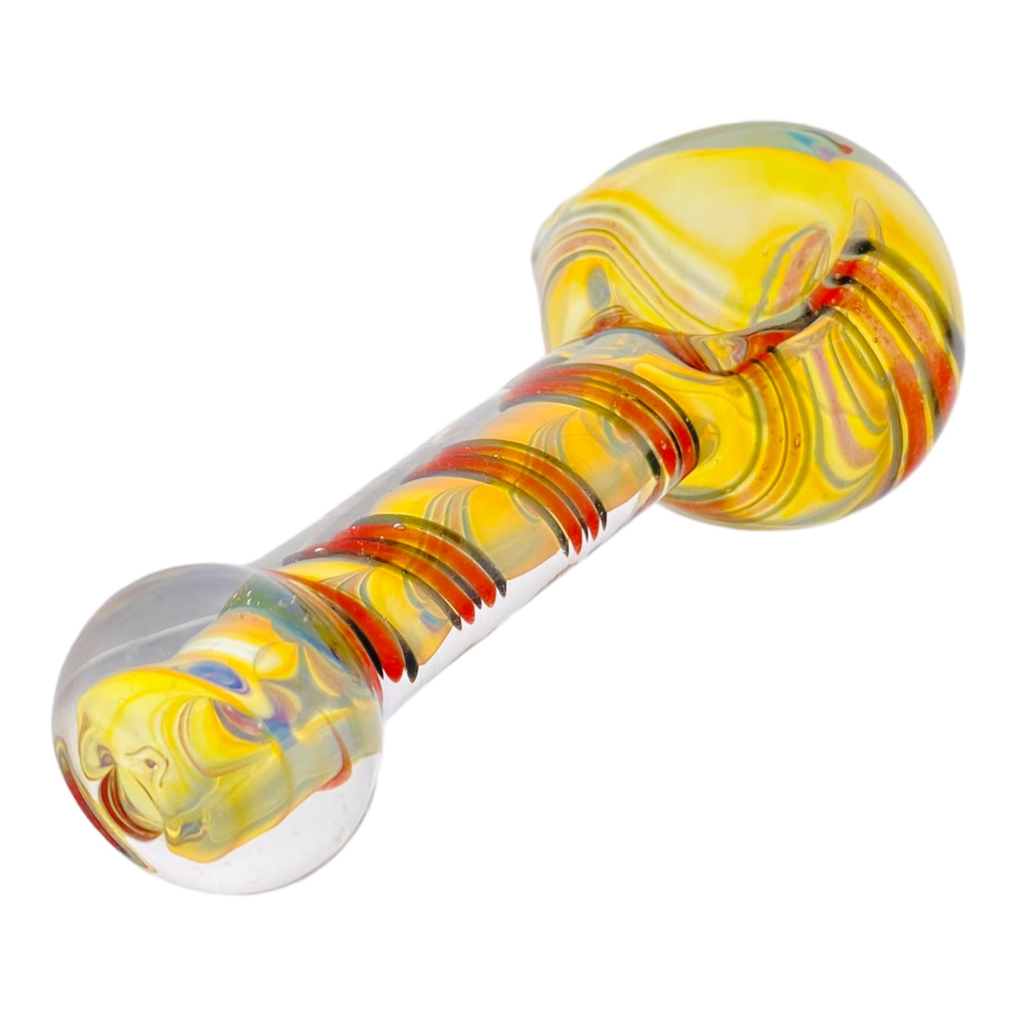 Yellow Color Changing Glass Spoon Pipe With Red And Black Linework Twist