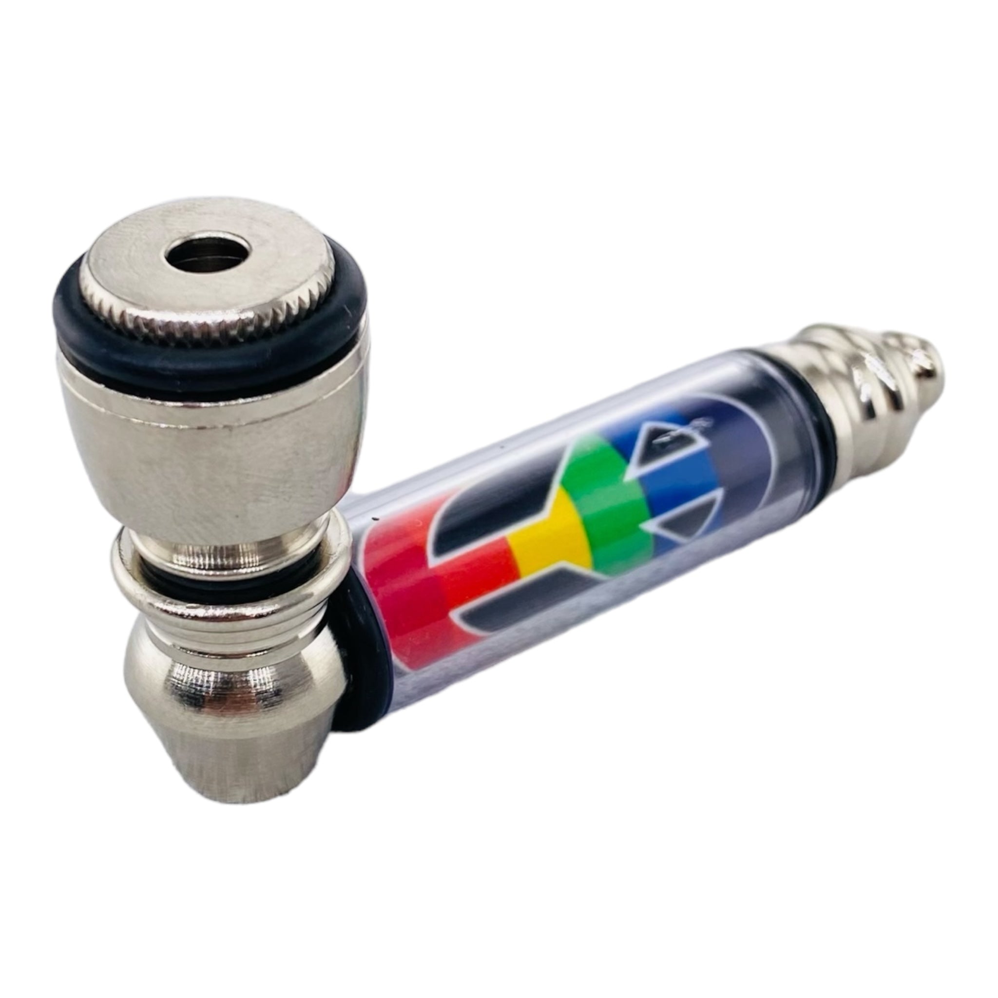 Metal Hand Pipes - Silver Chrome Hand Pipe With Rainbow Peace Sign Plastic Stem