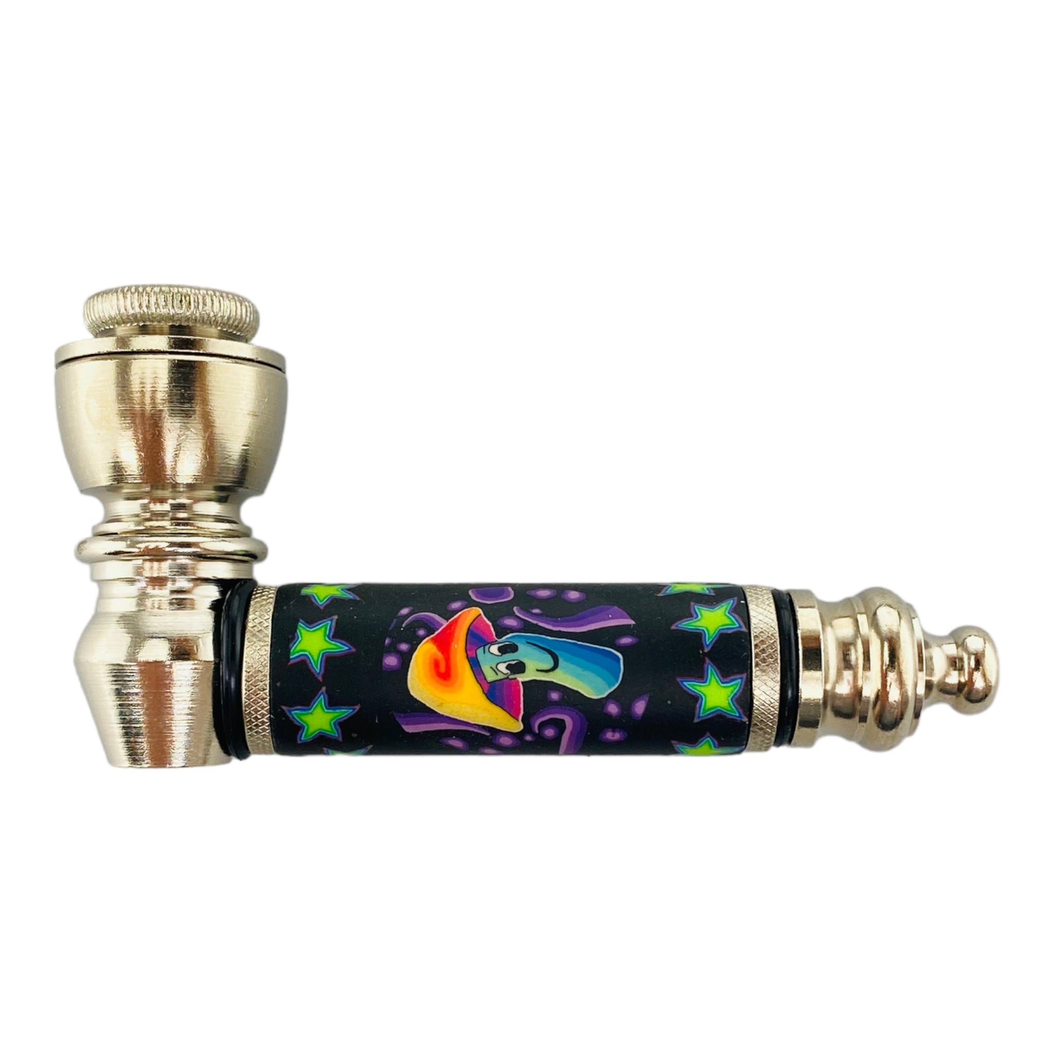 Silver Chrome Hand Pipe With Happy Magic Mushroom