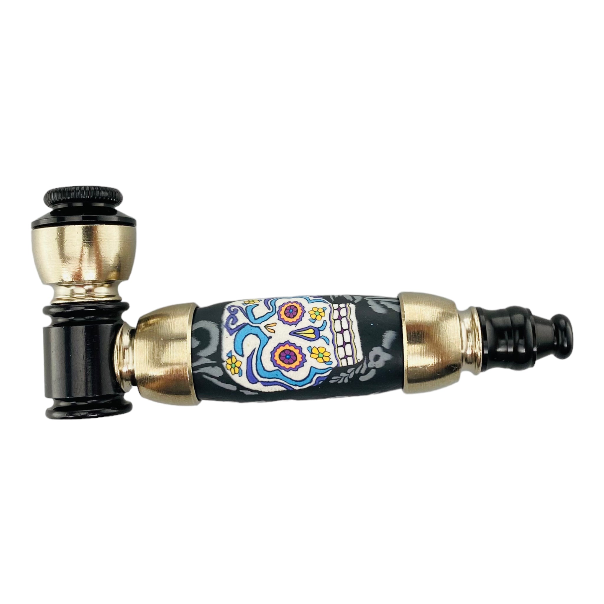 Large Chamber Silver And Black Hand Pipe With Candy Skull