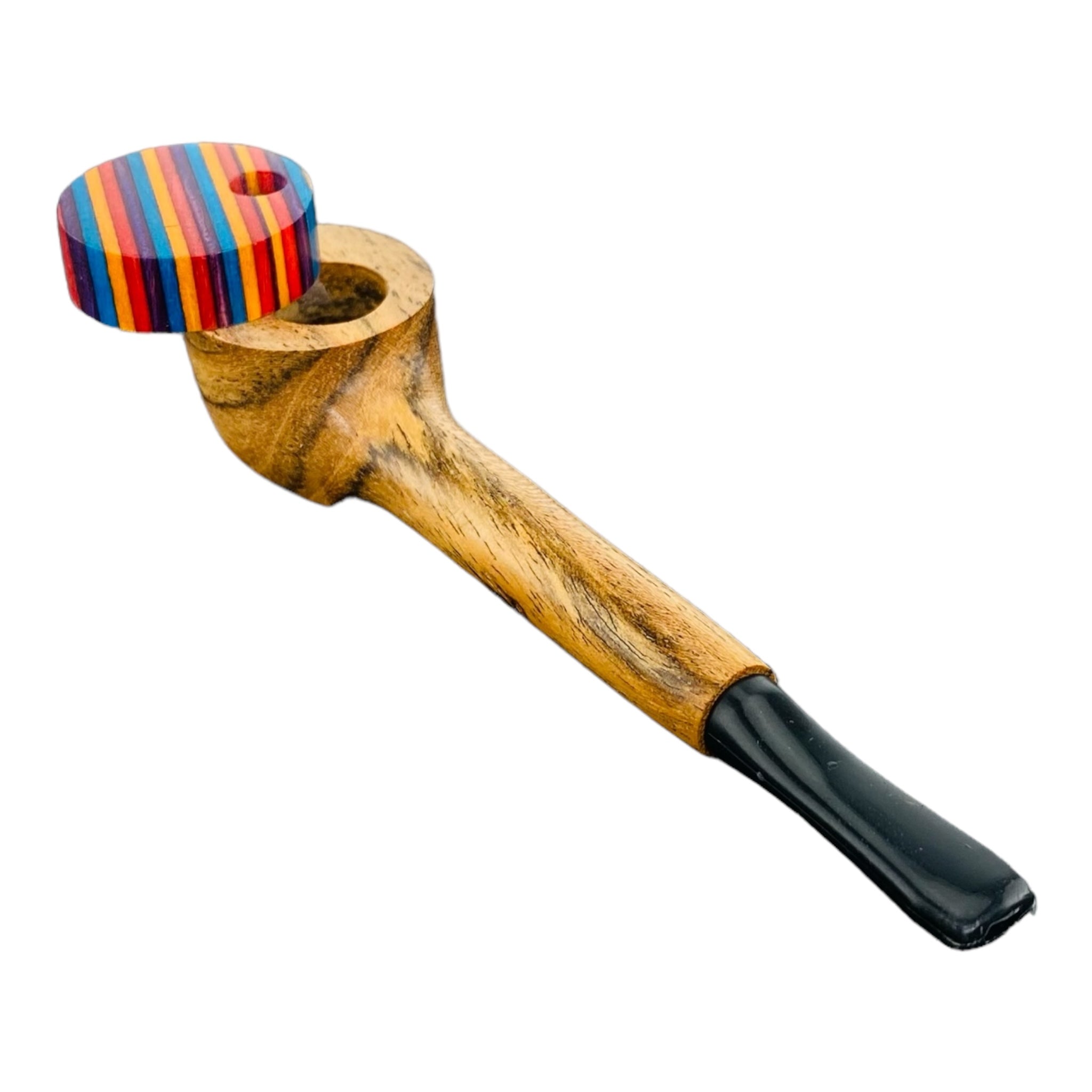 Wood Hand Pipe - Slender Stem With Multi Colored Lid And Plastic Mouthpiece
