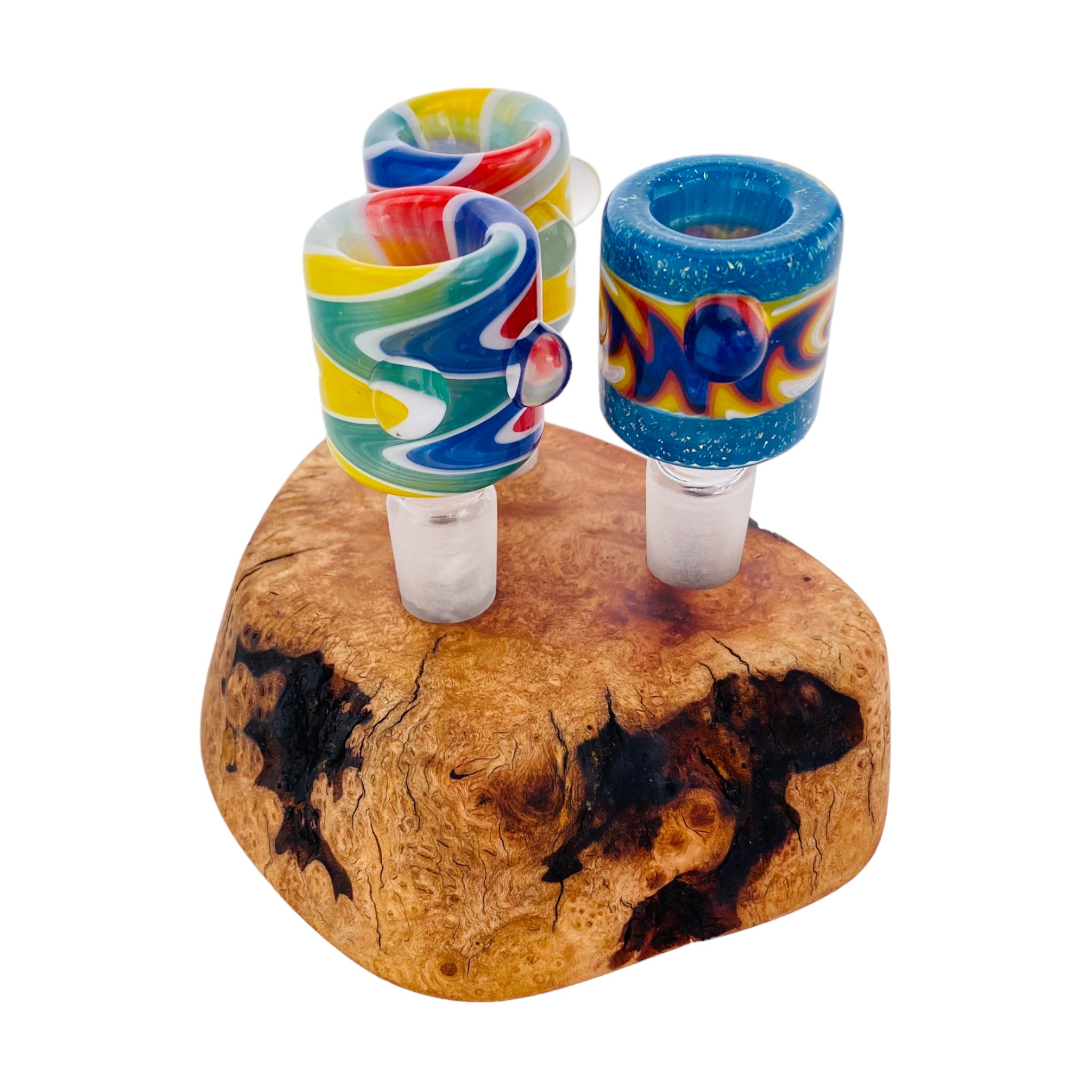 3 Hole Wood Display Stand Holder For 14mm Bong Bowl Pieces Or Quartz Bangers - Charred Manzanita Burl