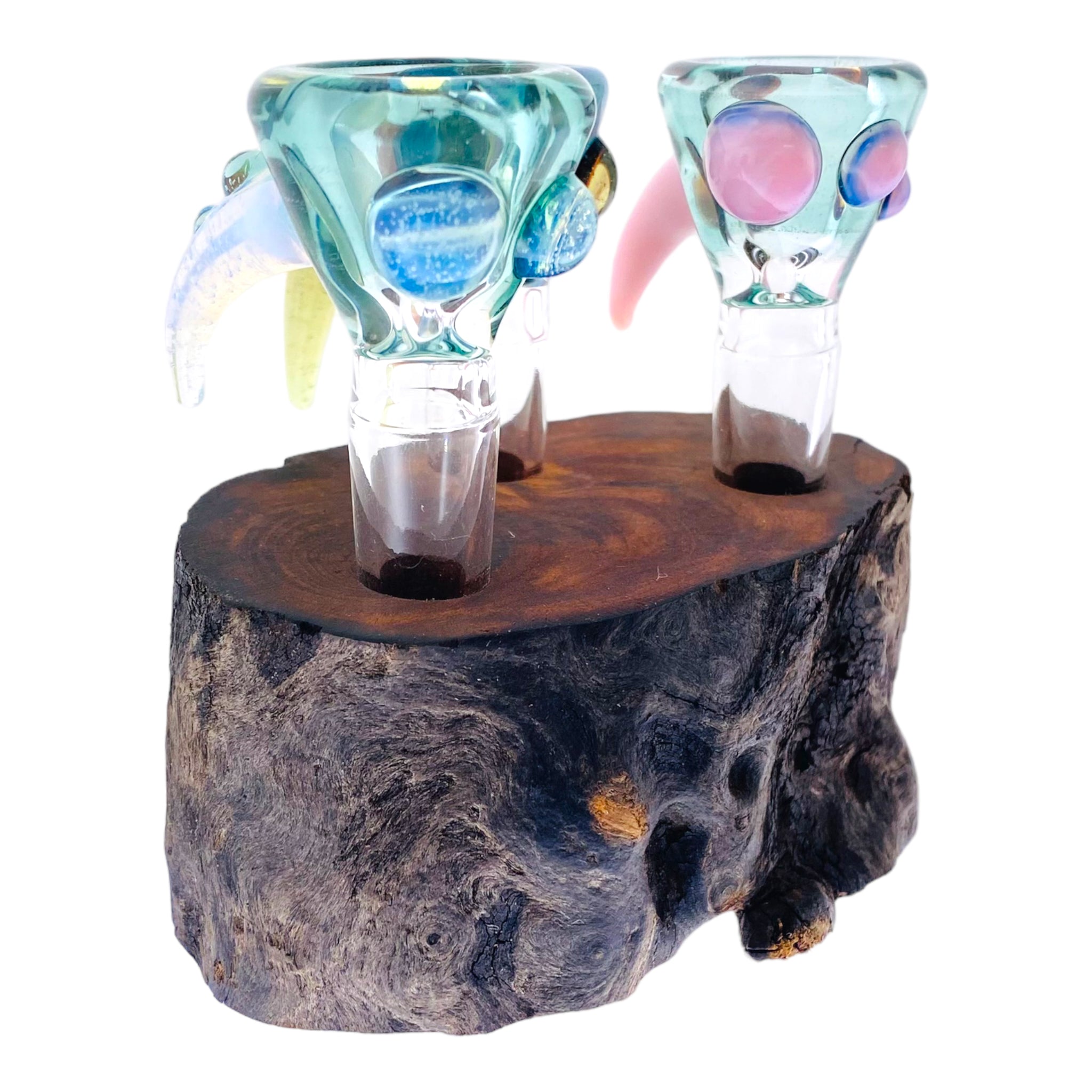 3 Hole Wood Display Stand Holder For 14mm Bong Bowl Pieces Or Quartz Bangers - Red Wood Burl With Live Edge #3
