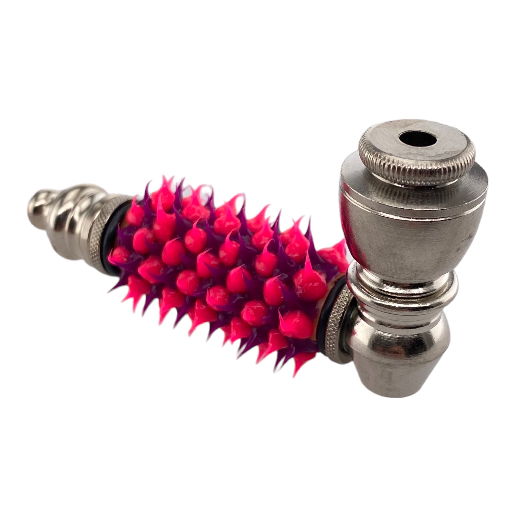 Metal Hand Pipes - Silver Chrome Hand Pipe With Skull With Pink Silicone Spikes