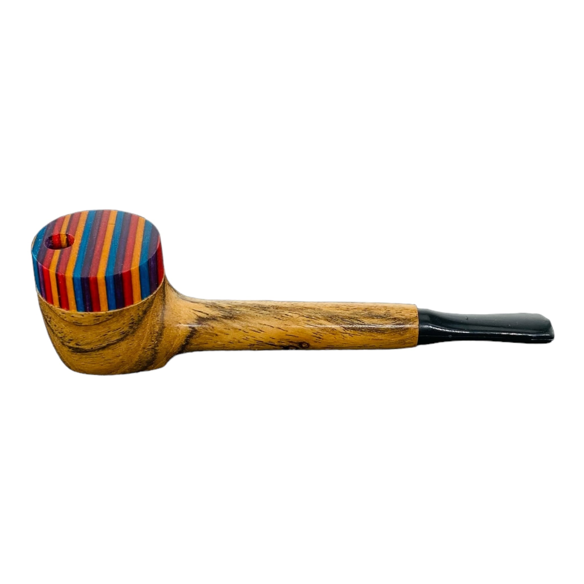 Wood Hand Pipe - Slender Stem With Multi Colored Lid And Plastic Mouthpiece