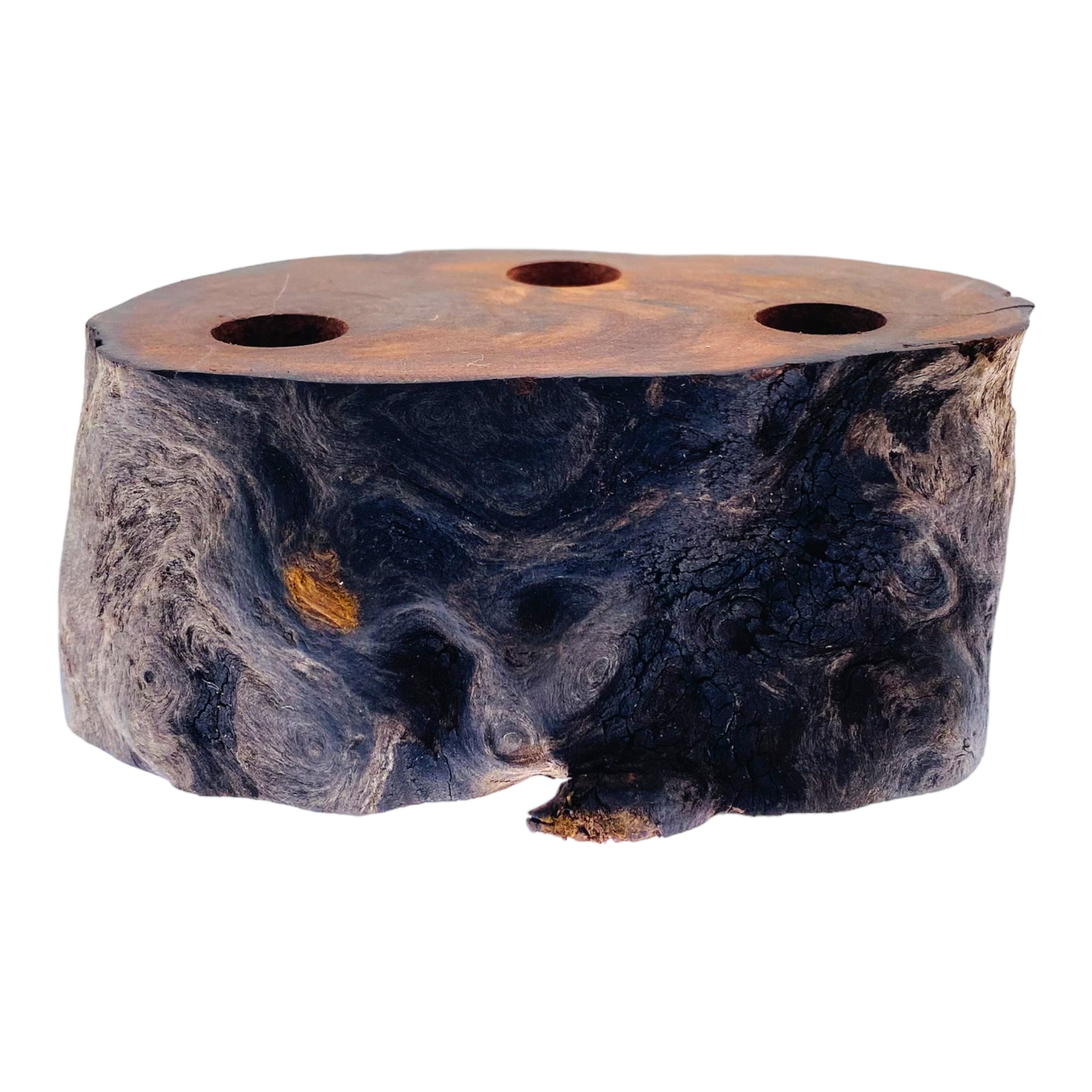 3 Hole Wood Display Stand Holder For 14mm Bong Bowl Pieces Or Quartz Bangers - Red Wood Burl With Live Edge #3