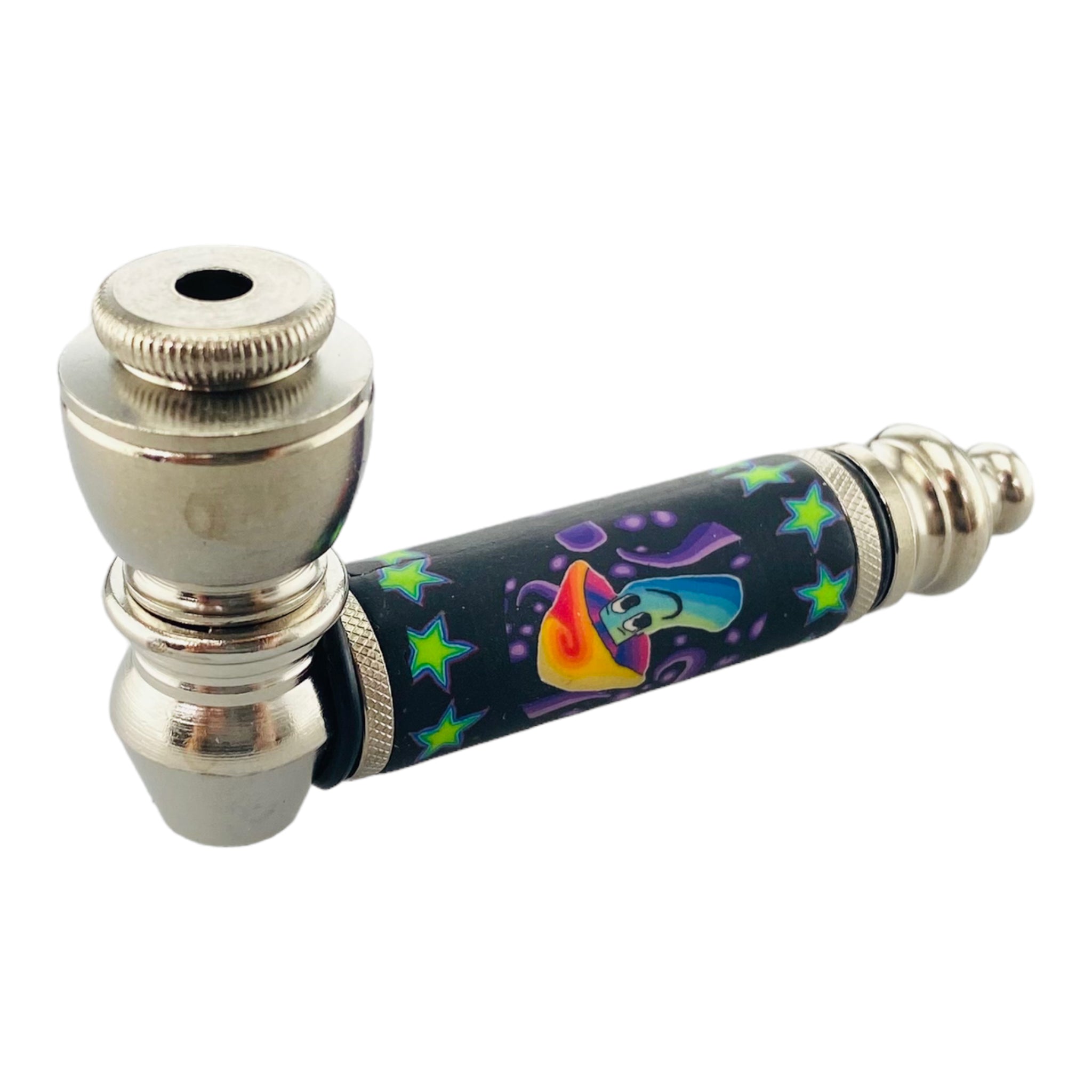 Silver Chrome Hand Pipe With Happy Magic Mushroom