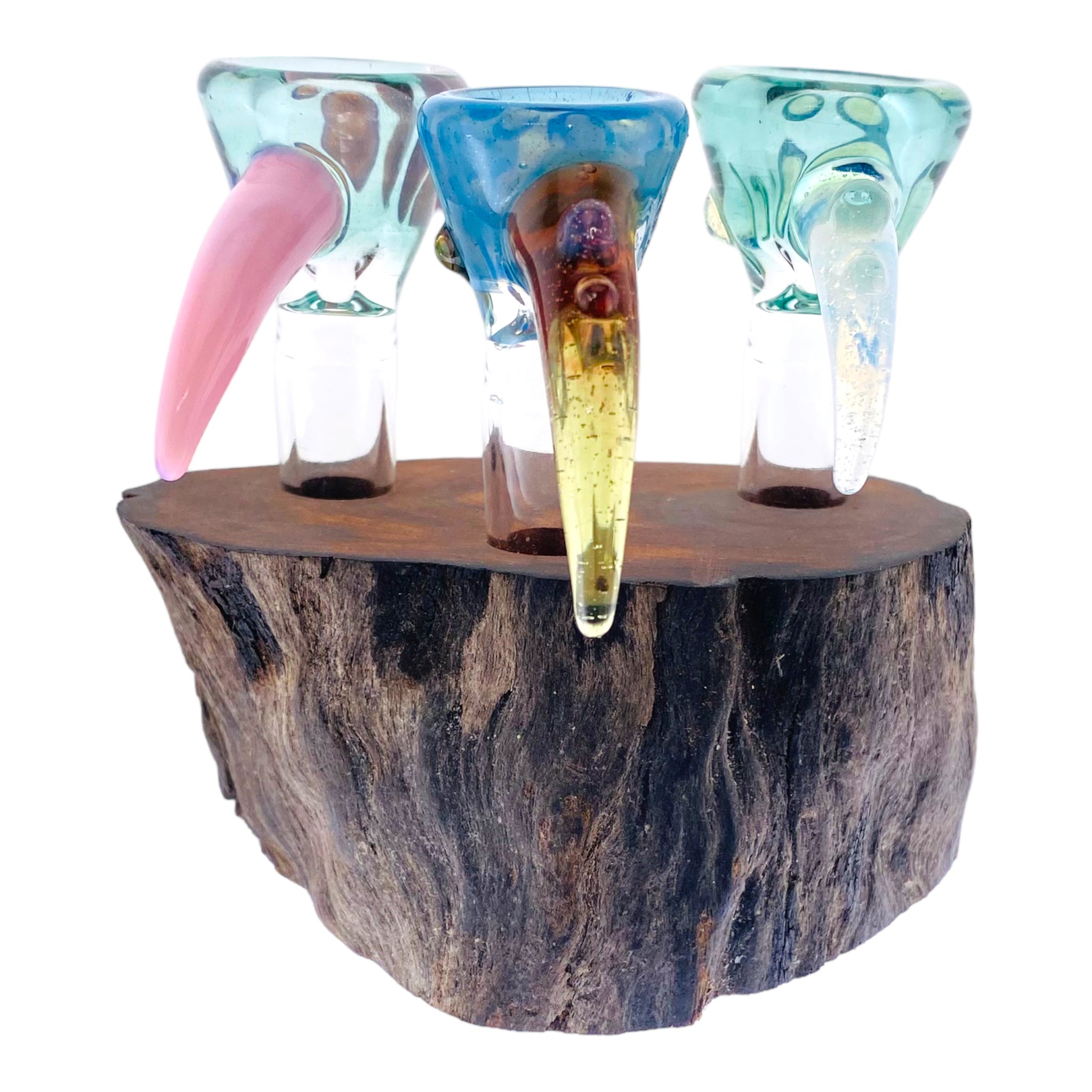 3 Hole Wood Display Stand Holder For 14mm Bong Bowl Pieces Or Quartz Bangers - Red Wood Burl With Live Edge #3