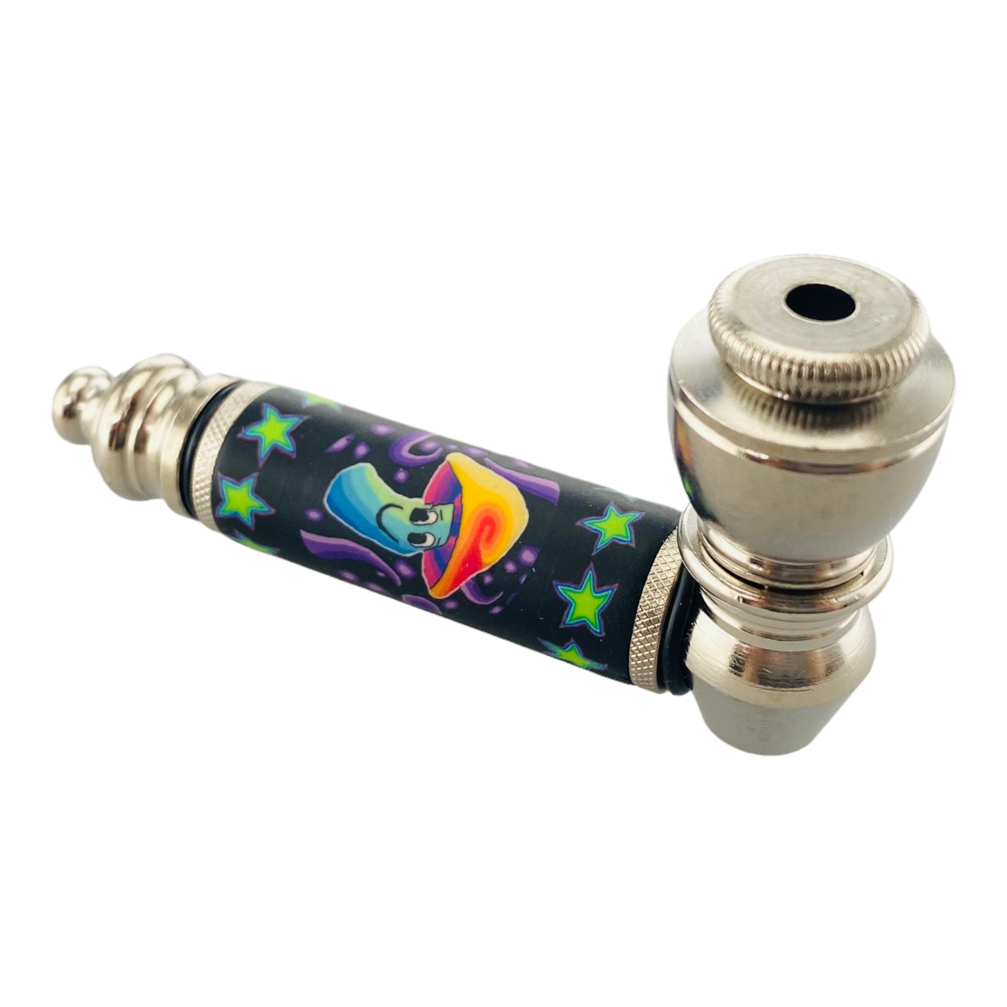 Silver Chrome Hand Pipe With Happy Magic Mushroom