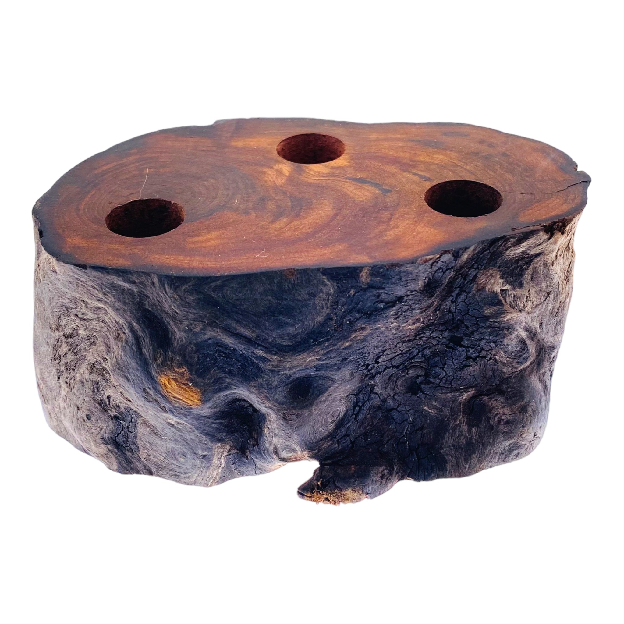 3 Hole Wood Display Stand Holder For 14mm Bong Bowl Pieces Or Quartz Bangers - Red Wood Burl With Live Edge #3