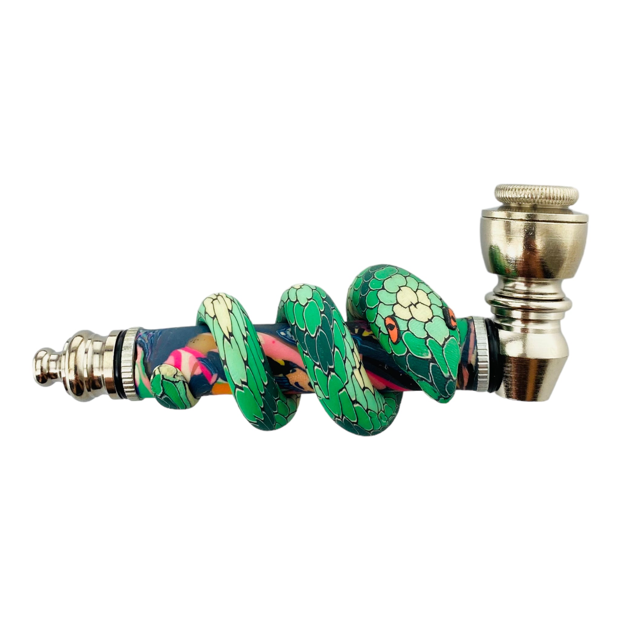 Silver Chrome Hand Pipe With Green Femo Clay Snake