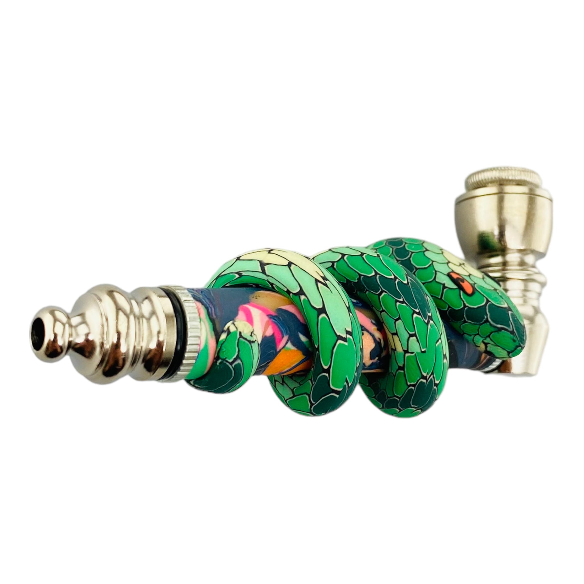 Silver Chrome Hand Pipe With Green Femo Clay Snake