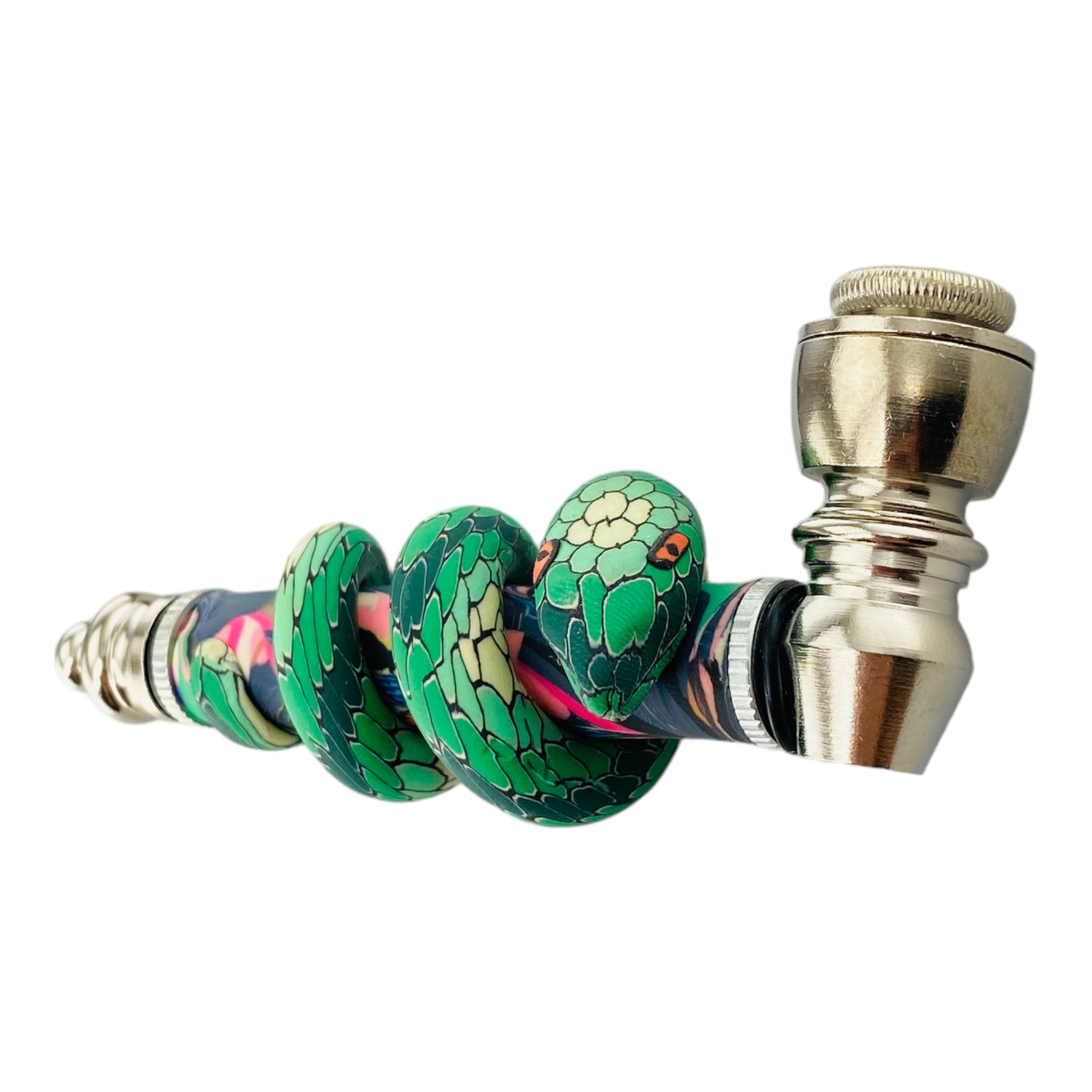 Silver Chrome Hand Pipe With Green Femo Clay Snake