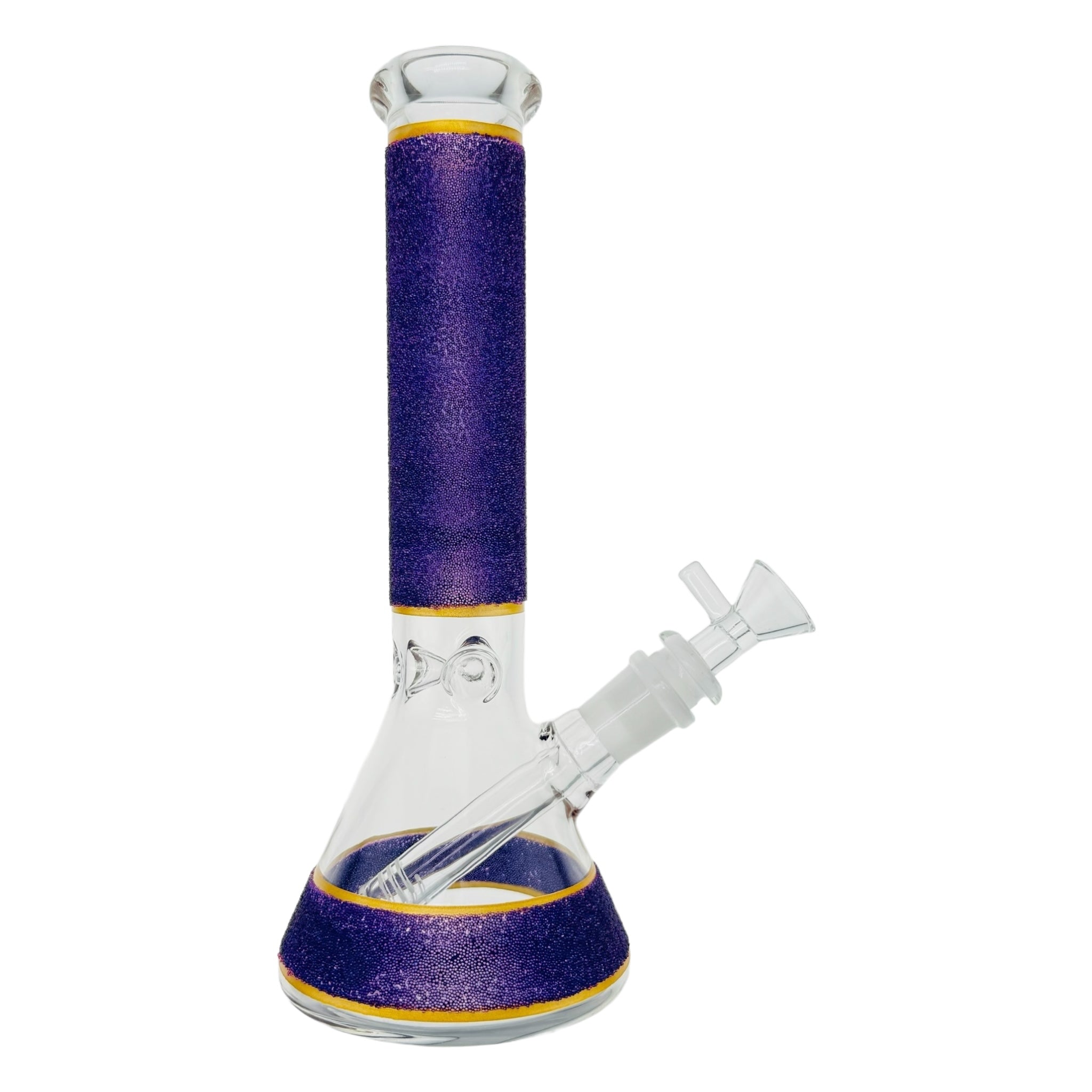 10 Inch Beaker Glass Bong With Purple Slag Frit And Gold Bands