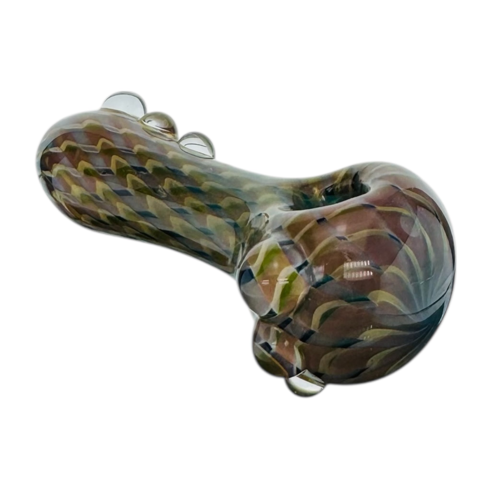 Glass smoking pipe with multicolored pattern on a white background
