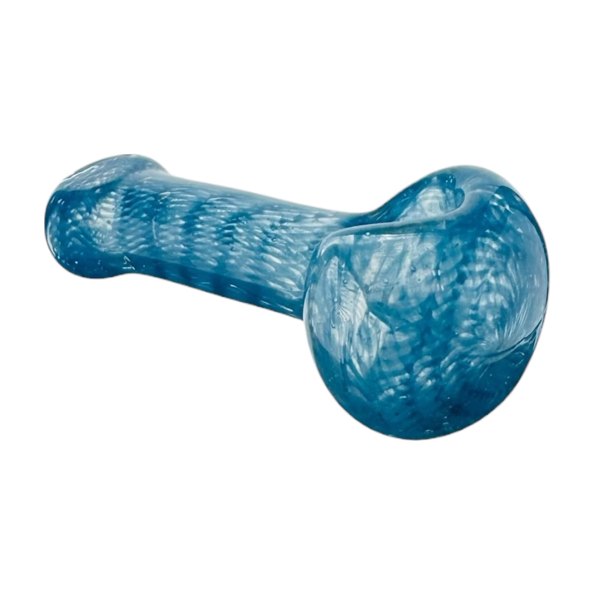 Blue glass pipe with textured surface on a white background
