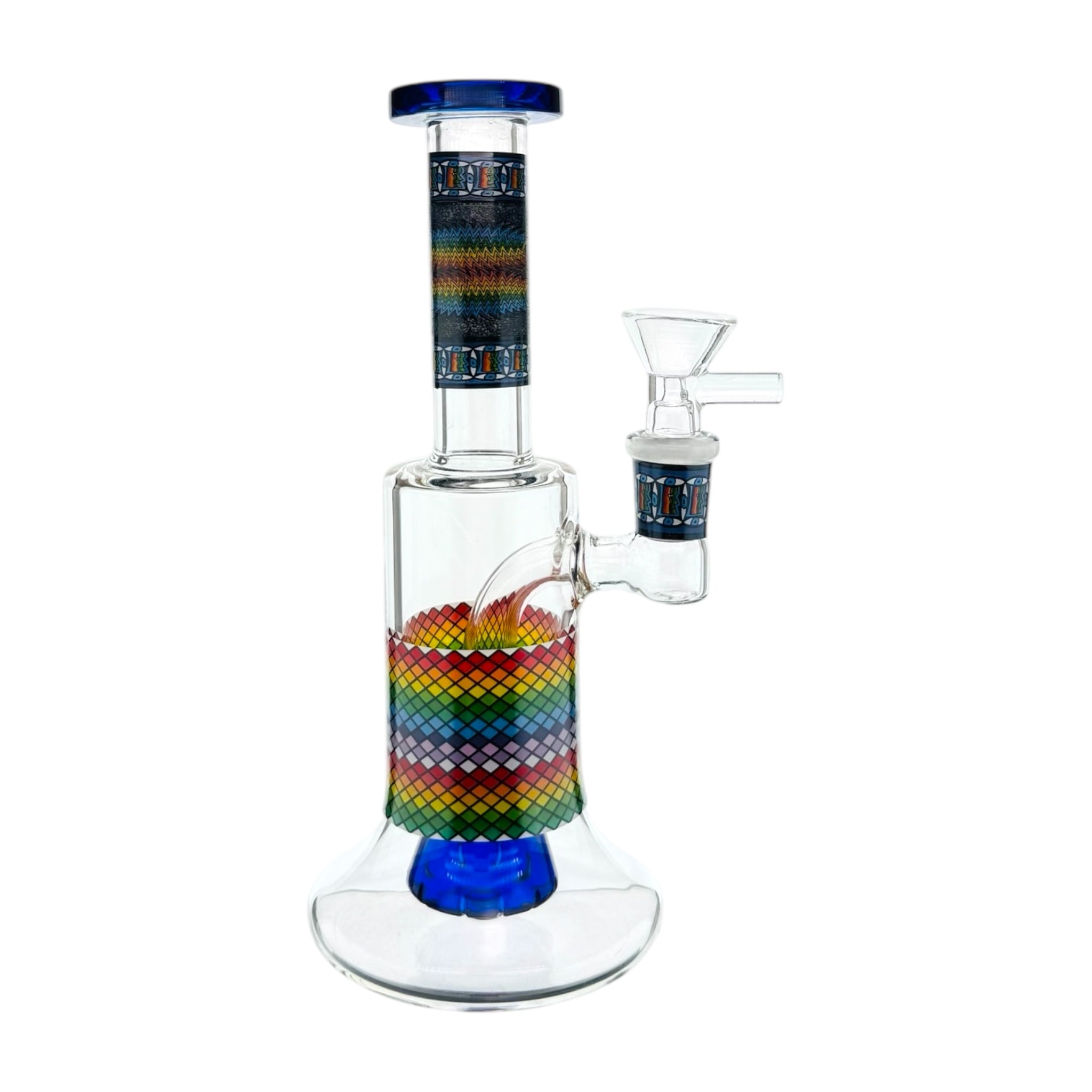 Glass water pipe with rainbow and blue design on a white background