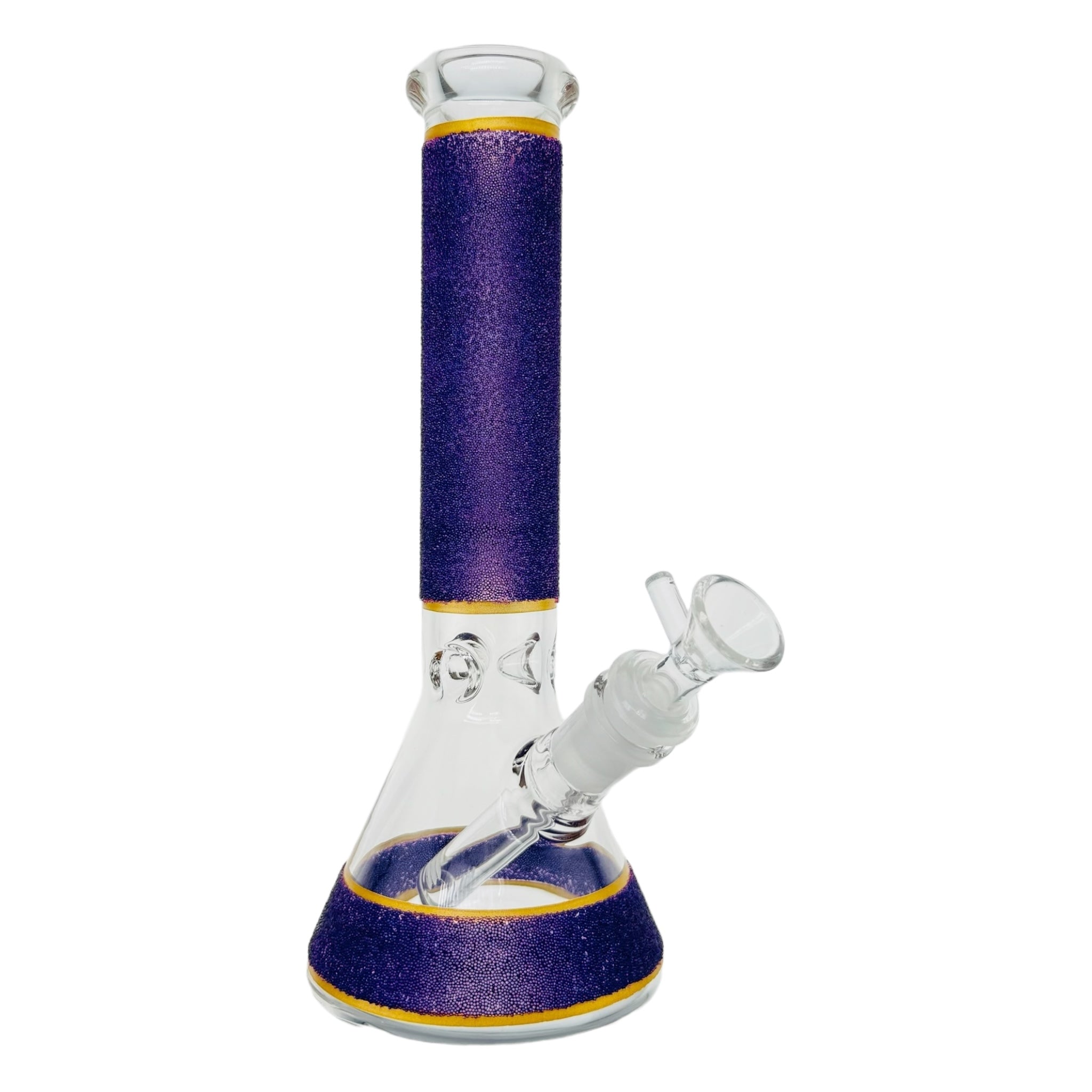 10 Inch Beaker Glass Bong With Purple Slag Frit And Gold Bands