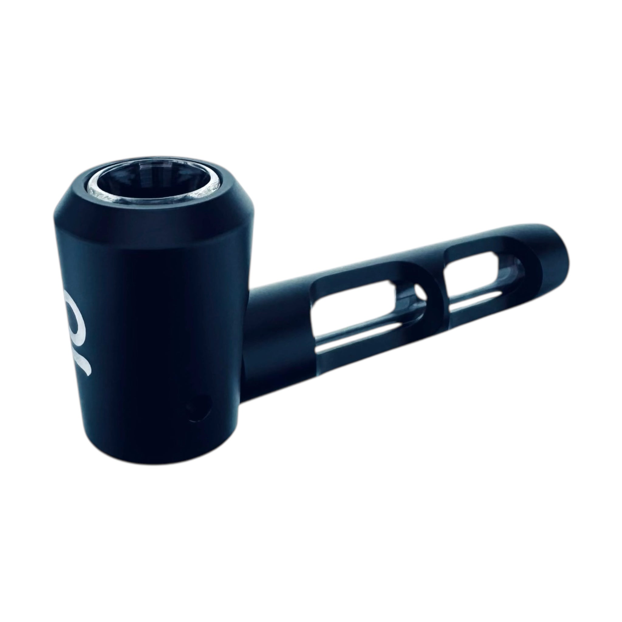 Black pipe with a white logo on a white background