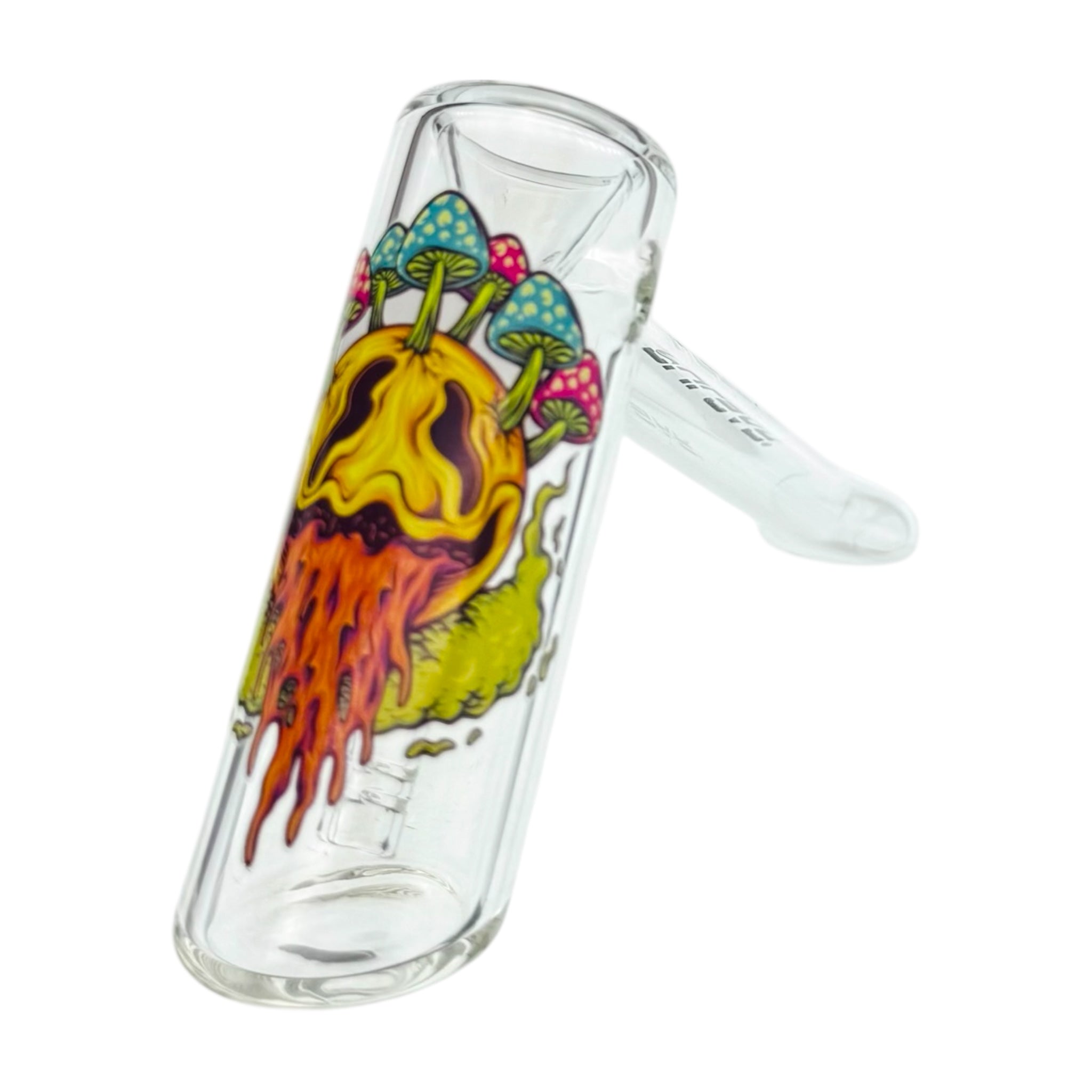 Glass Bubbler Water Pipe With Face Melting Mushrooms on white back ground