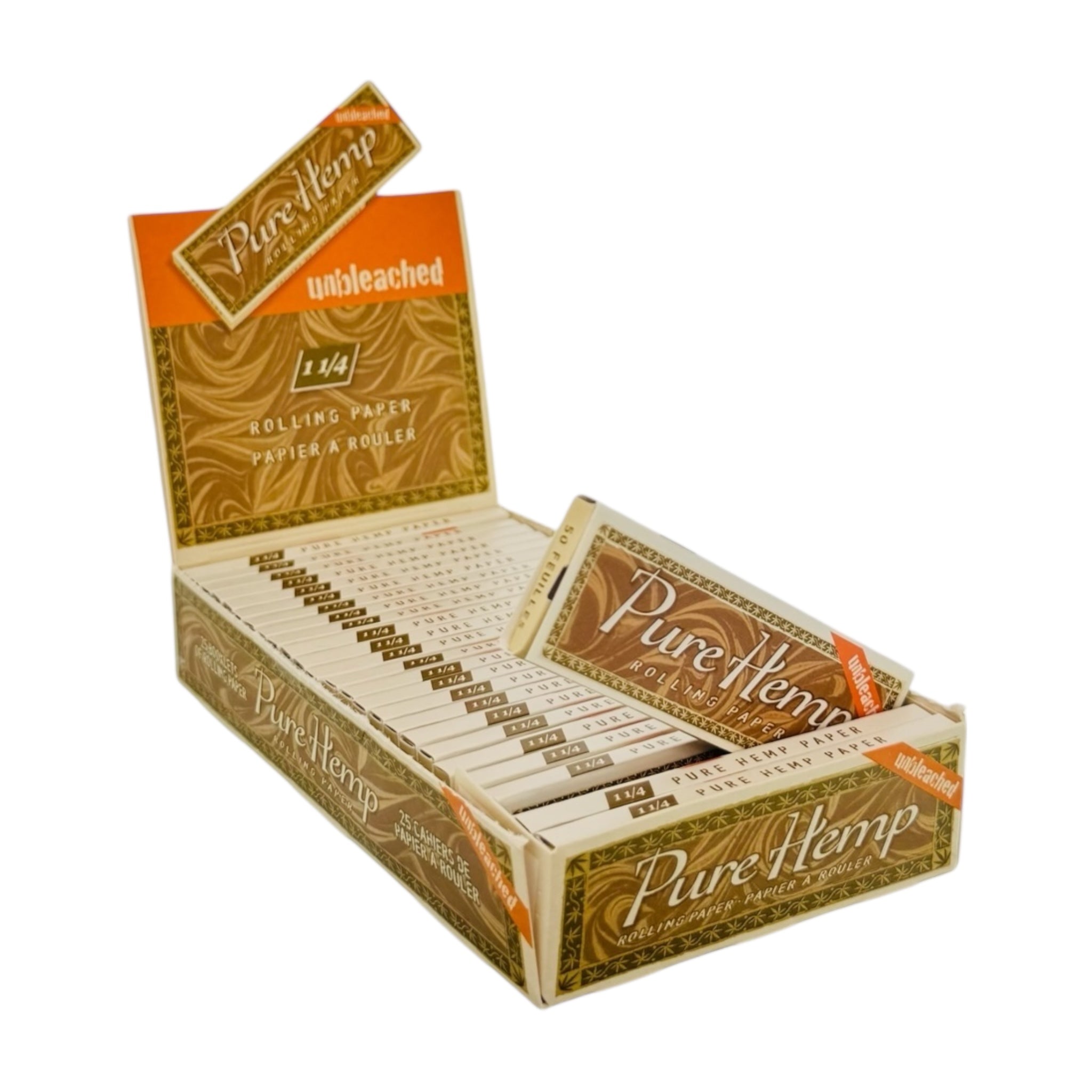 Box of Pure Hemp rolling paper with a roller on a white background