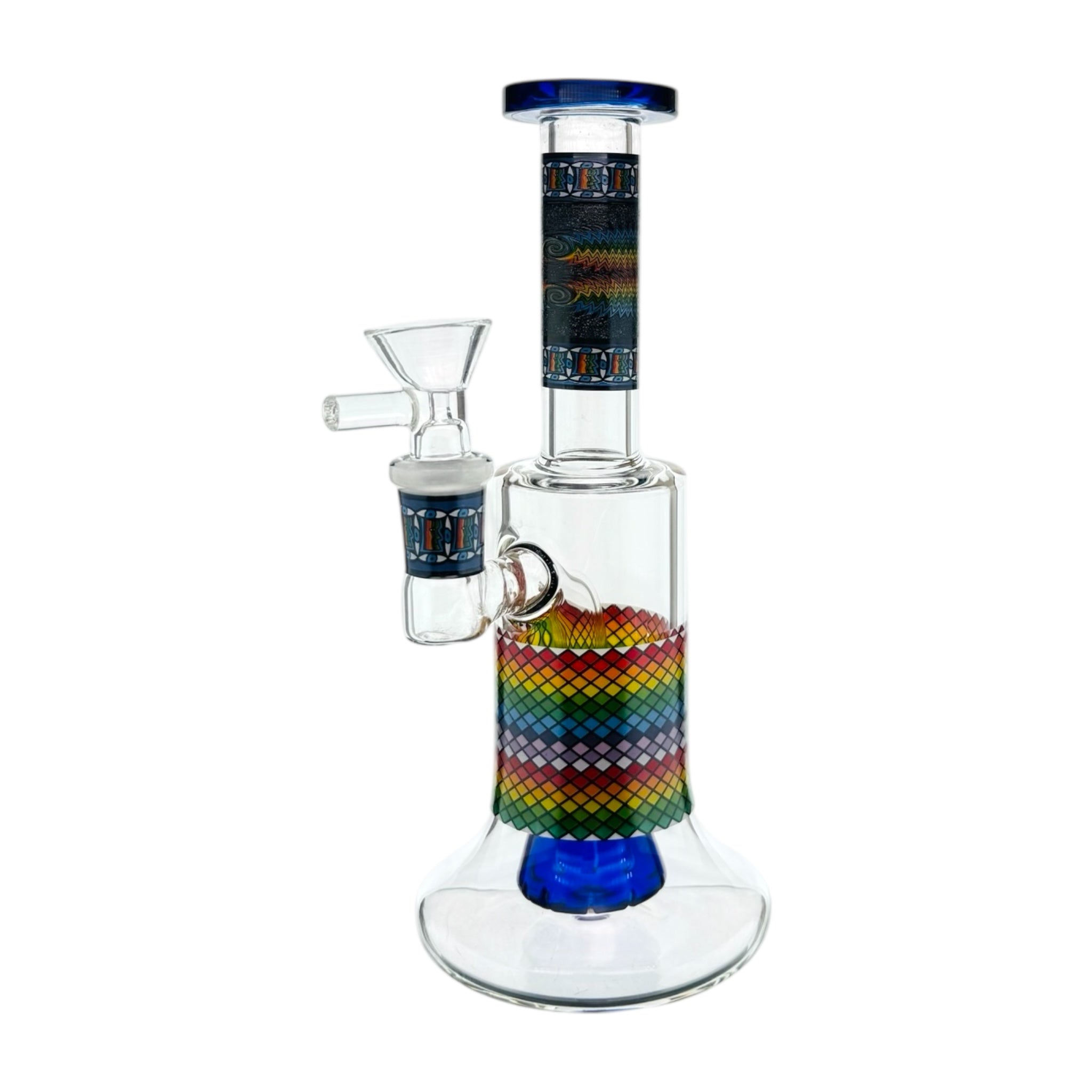 Glass water pipe with rainbow design on a white background