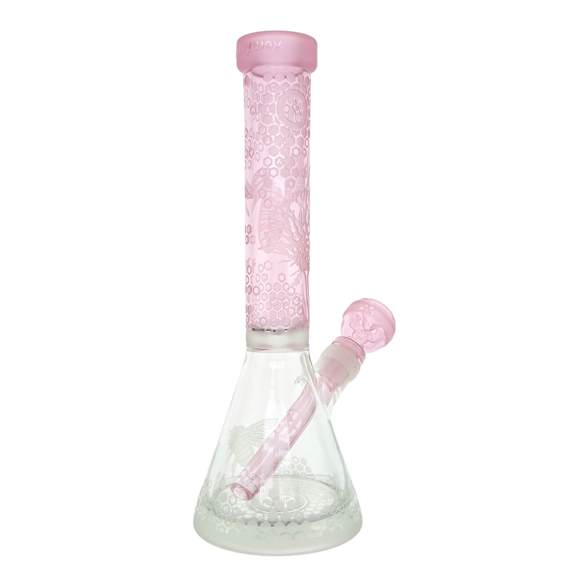 Milkyway Glass - 11 Inch Sandblasted Mini Bee Apiary Beaker Base Bong With Pink Neck