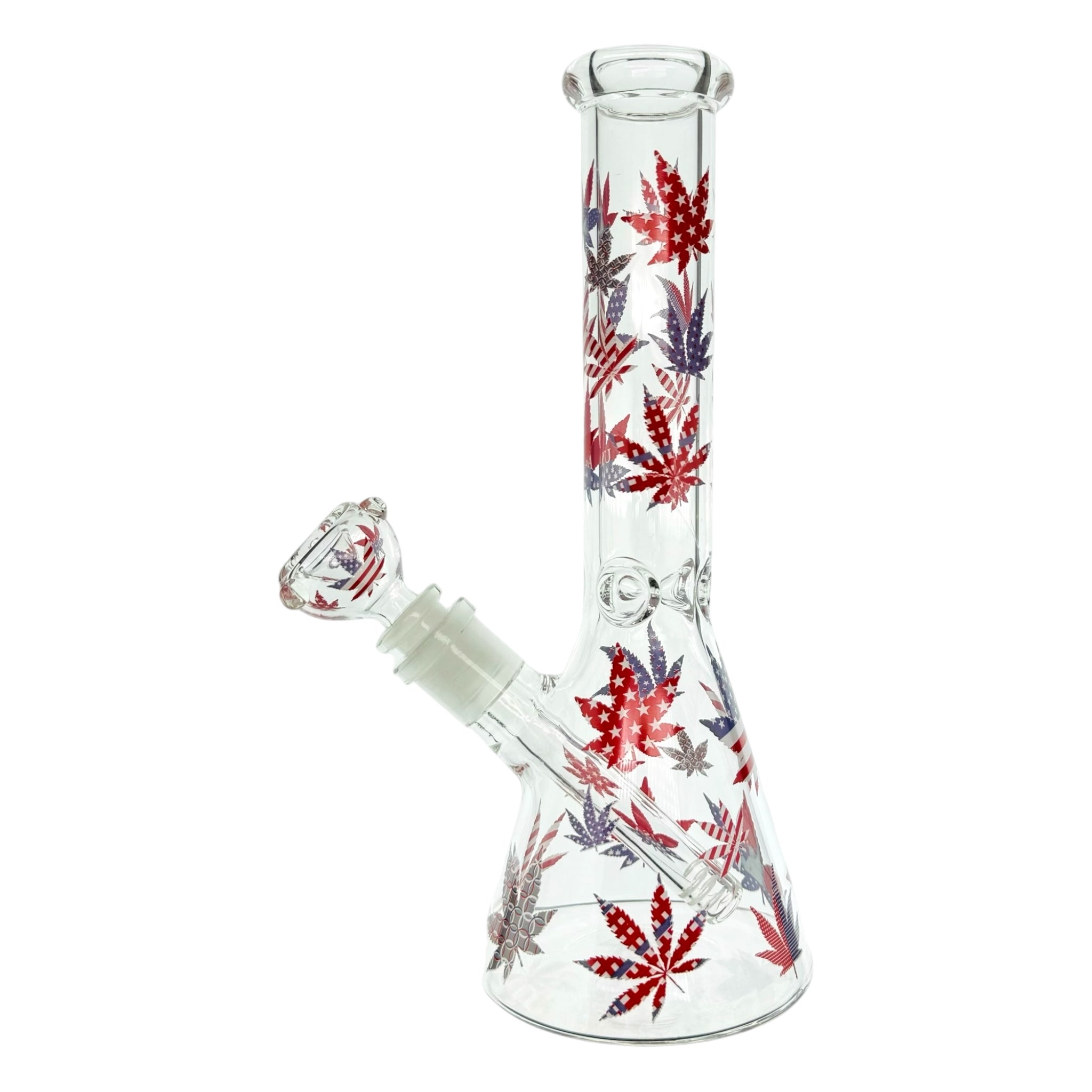 Patriotic 420 Leaf Beaker Glass Bong With Red White And Blue Leafs 10 Inch