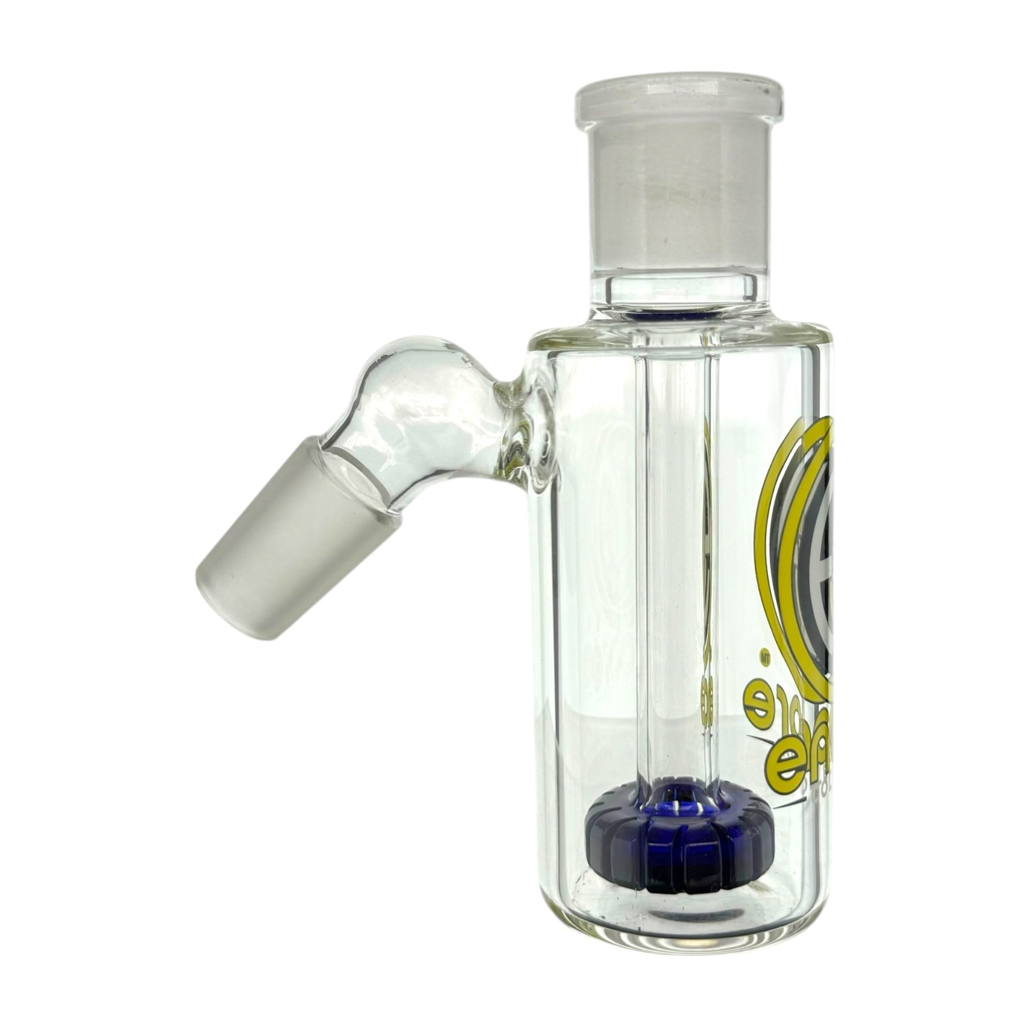 Encore Glass 18mm Ash Catcher With 45 Degree Joint And Blue Shower Head Perc Yellow Logo