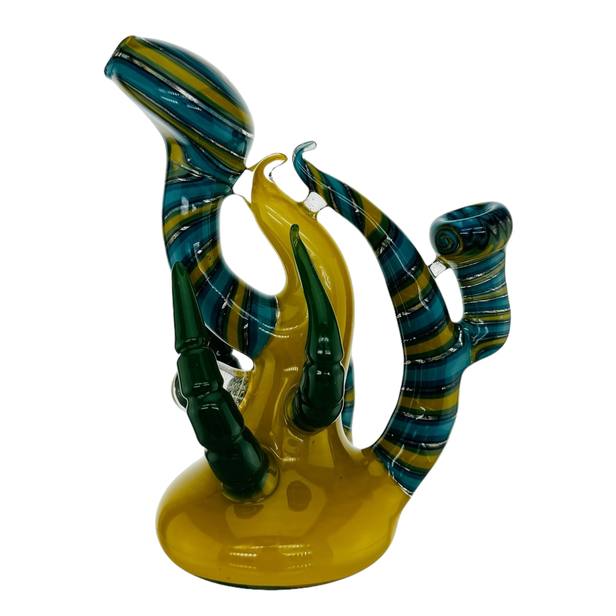 heady glass Yellow Large Glass Hand Pipe Bubbler With Blue Linework And Green Horns