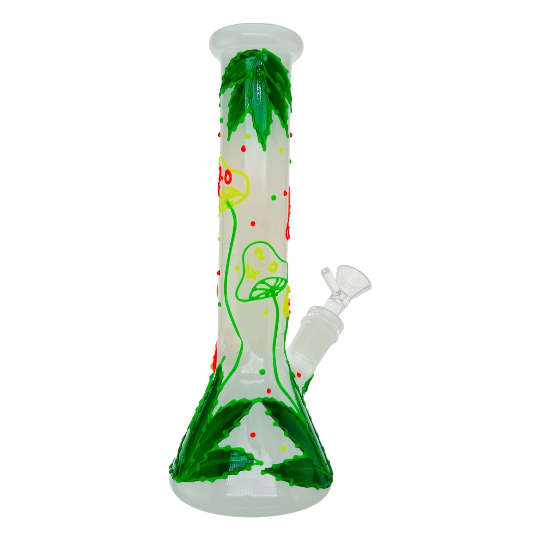Mushroom And 420 Leaf Beaker Base Glass Bong 10 Inches