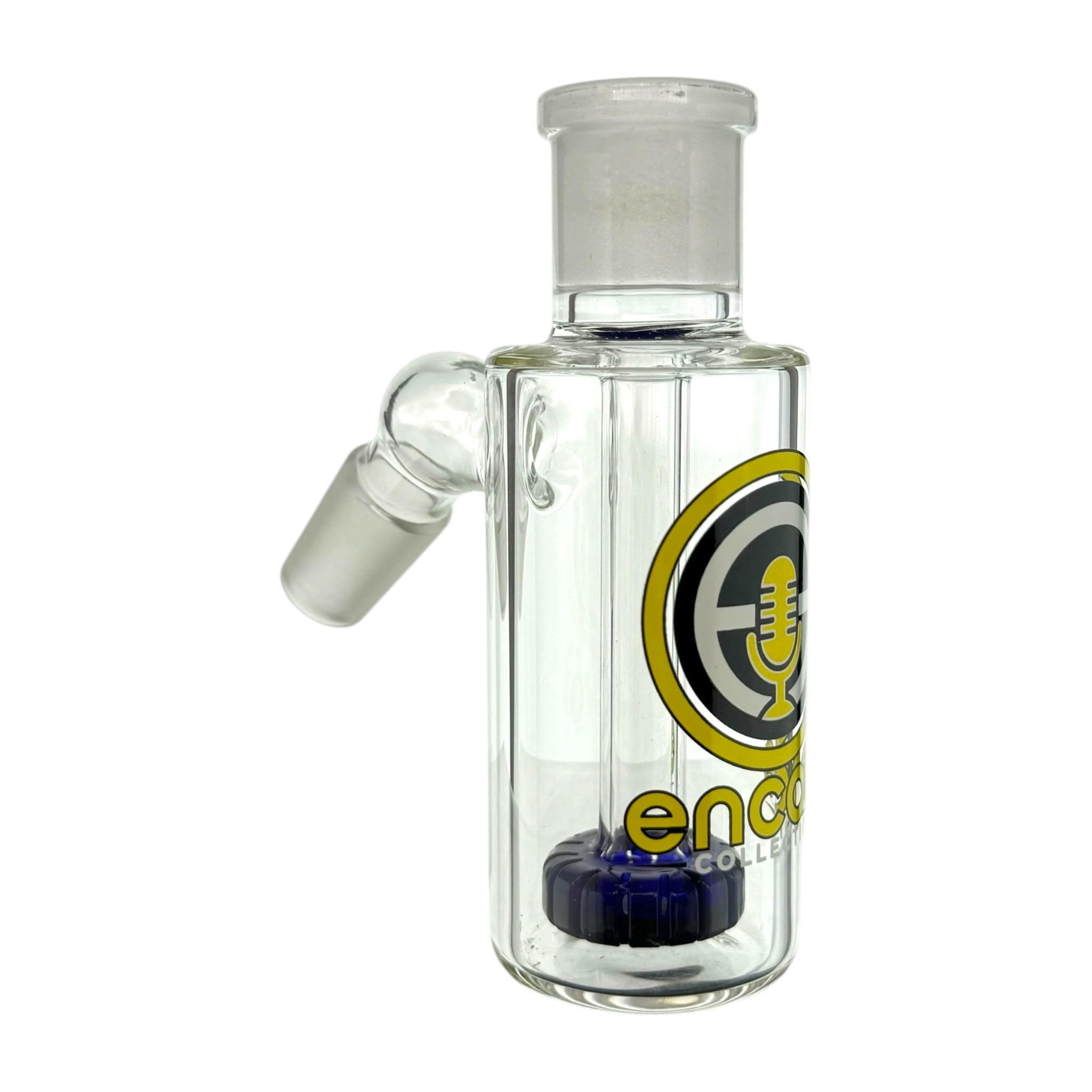Encore Glass 18mm Ash Catcher With 45 Degree Joint And Blue Shower Head Perc Yellow Logo
