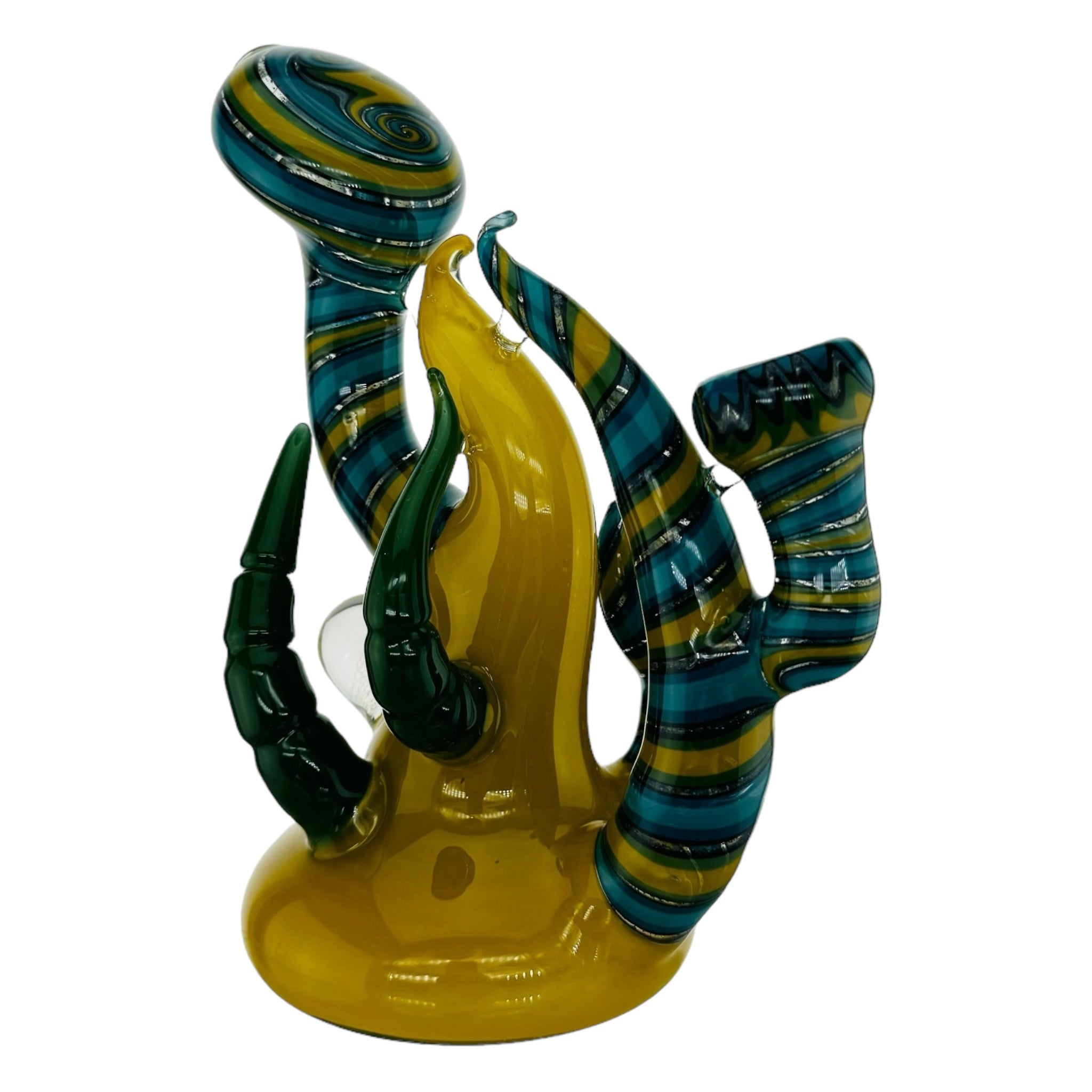 heady glass Yellow Large Glass Hand Pipe Bubbler With Blue Linework And Green Horns