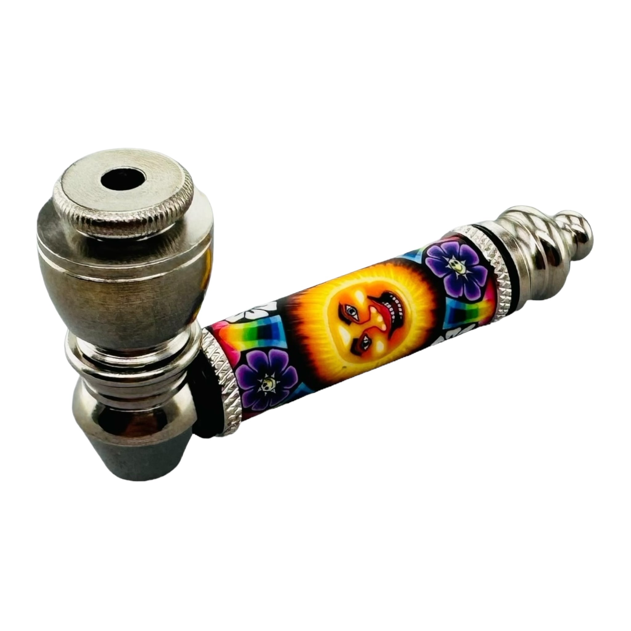Metal Hand Pipes - Silver Chrome Hand Pipe With Sun And Flowers