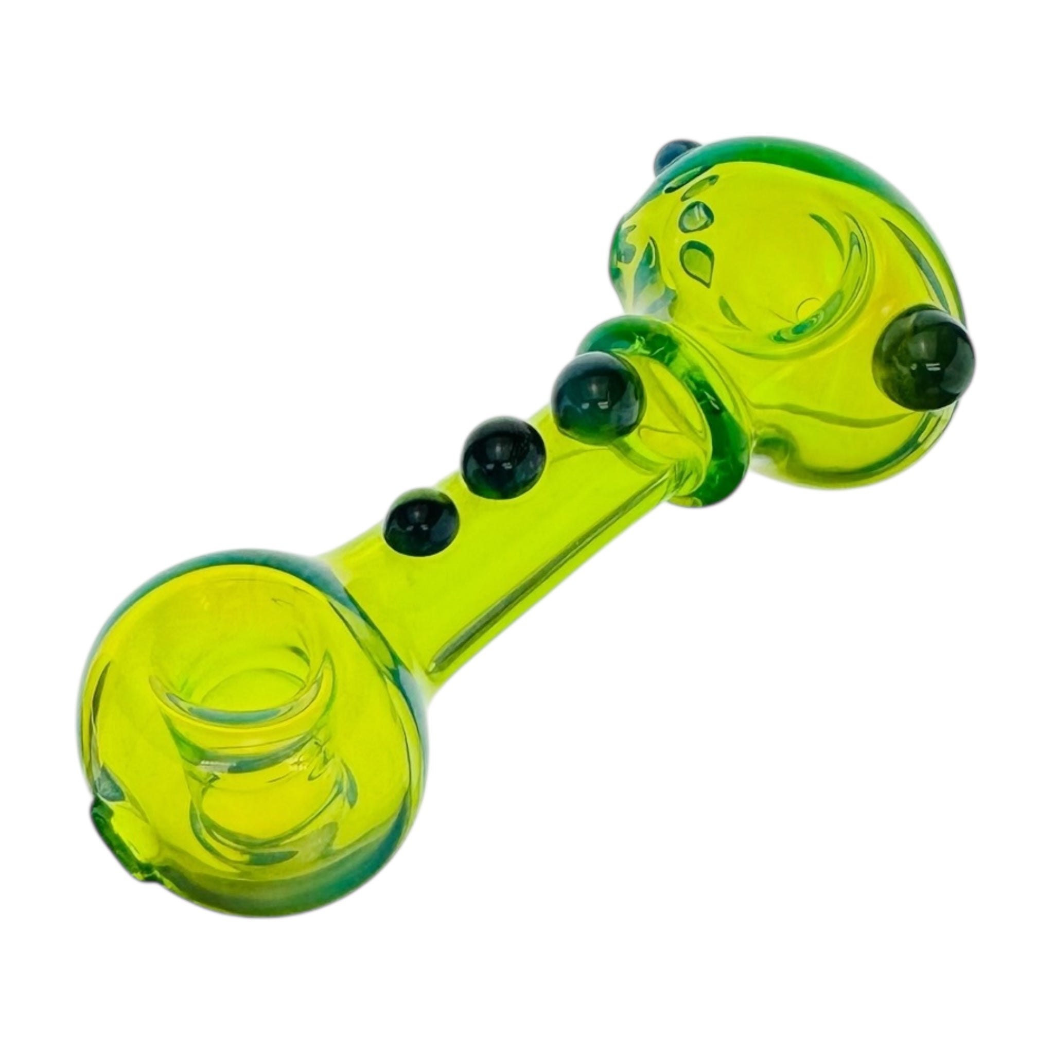 Glass smoking pipe with green and clear design on a white background