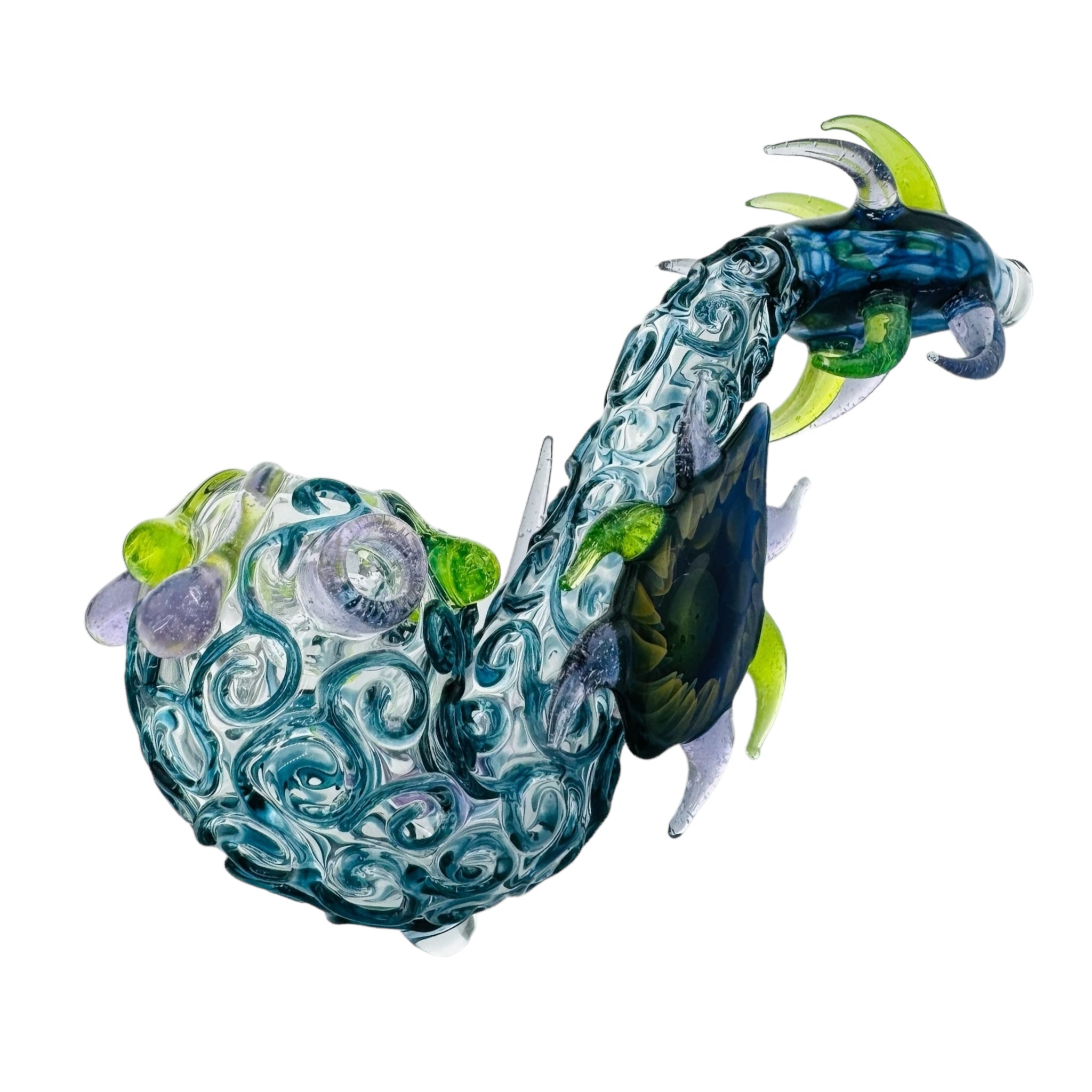 Heady Glass Sherlock for cannabis With Blue And Green Horns And Linework for sale