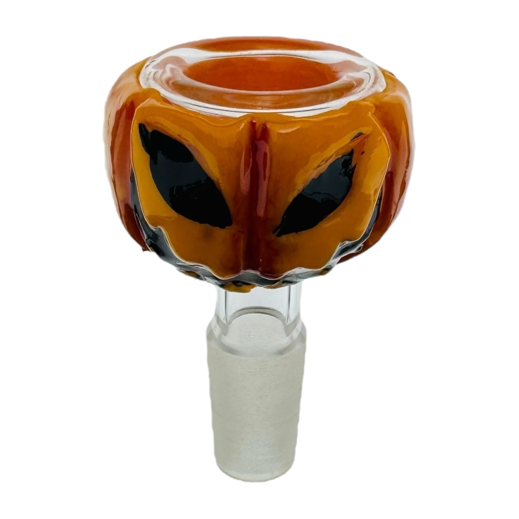 Glass smoking accessory with pumpkin head design on a white background