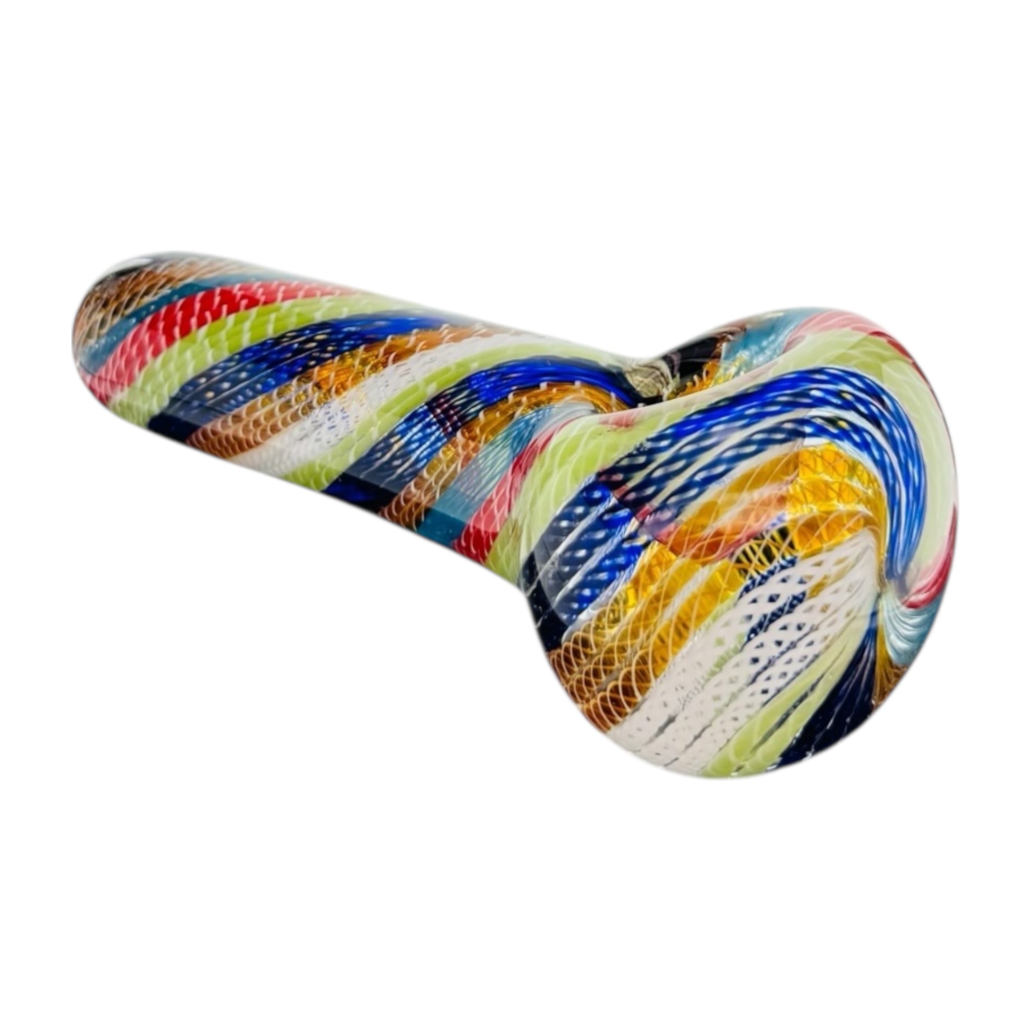 Colorful glass pipe with swirl patterns on a white background