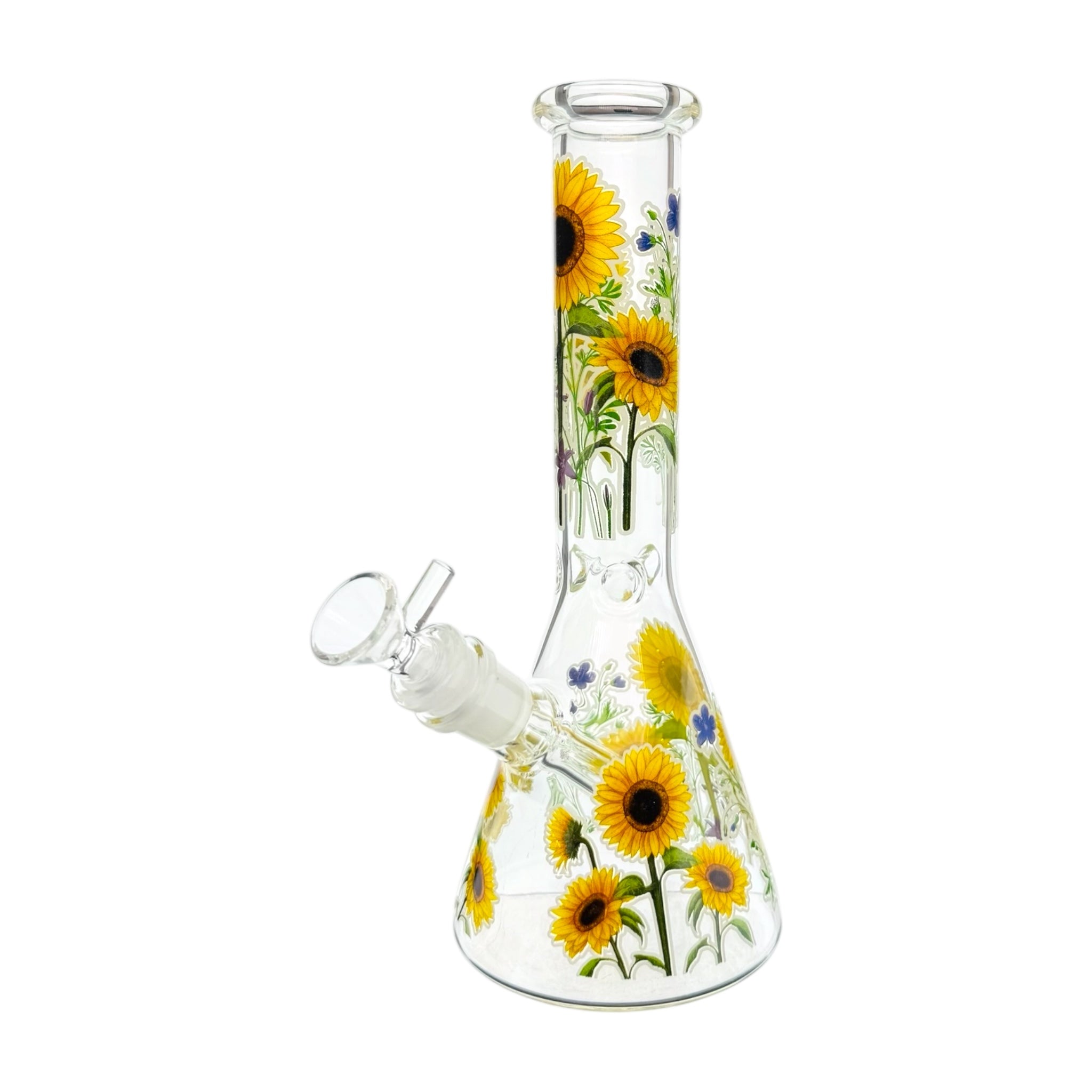Glass smoking accessory with sunflower design on a white background