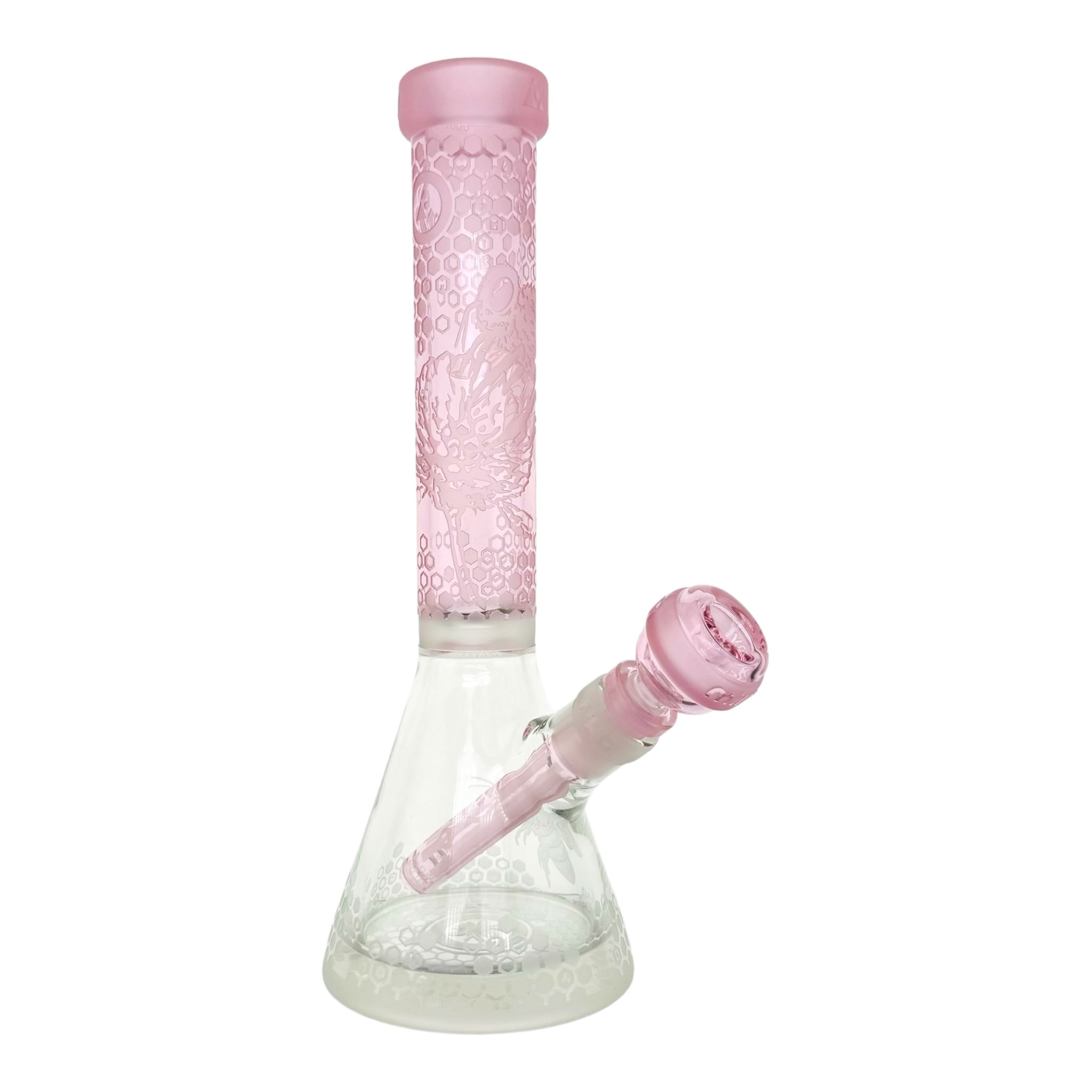Milkyway Glass - 11 Inch Sandblasted Mini Bee Apiary Beaker Base Bong With Pink Neck