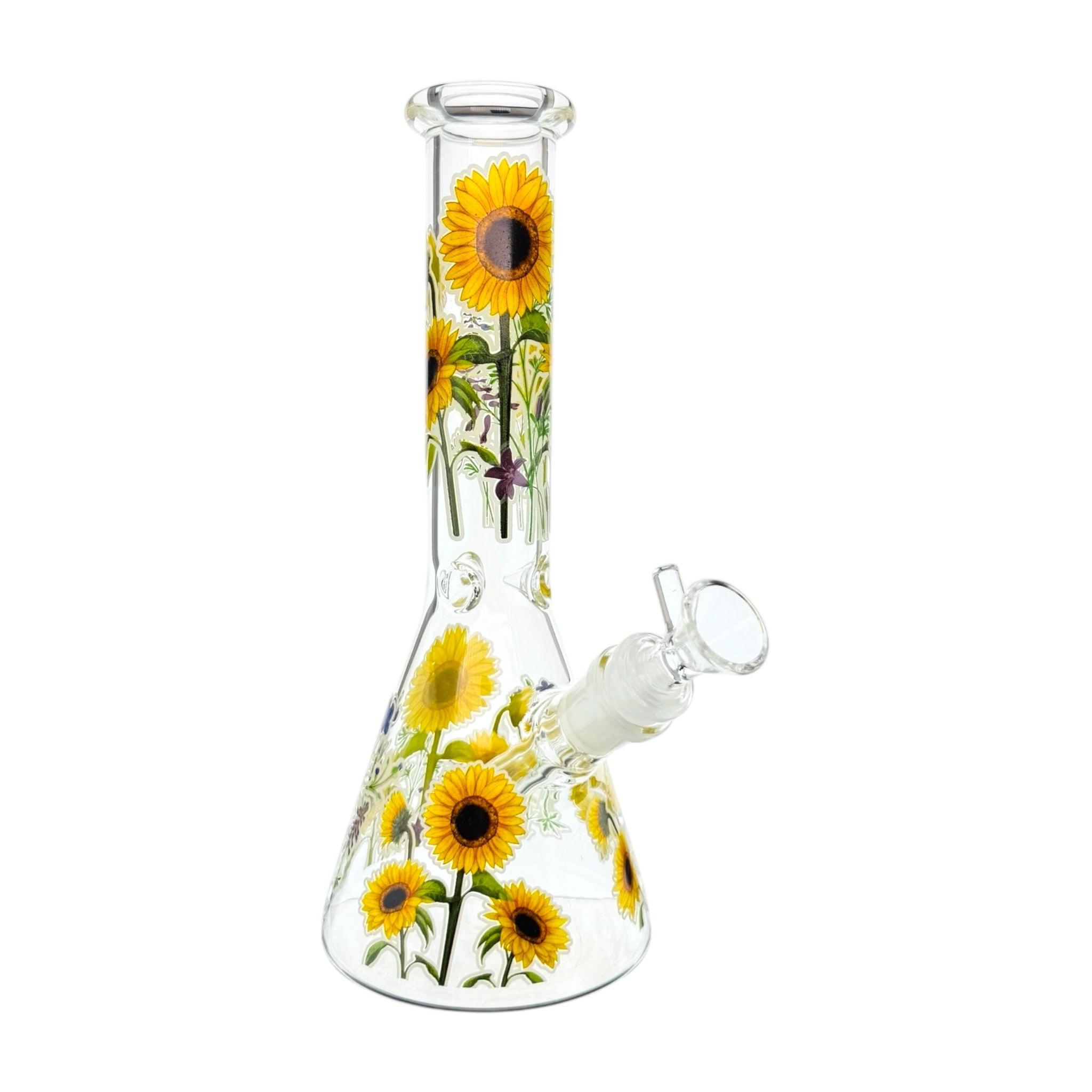Glass beaker with sunflower design on a white background