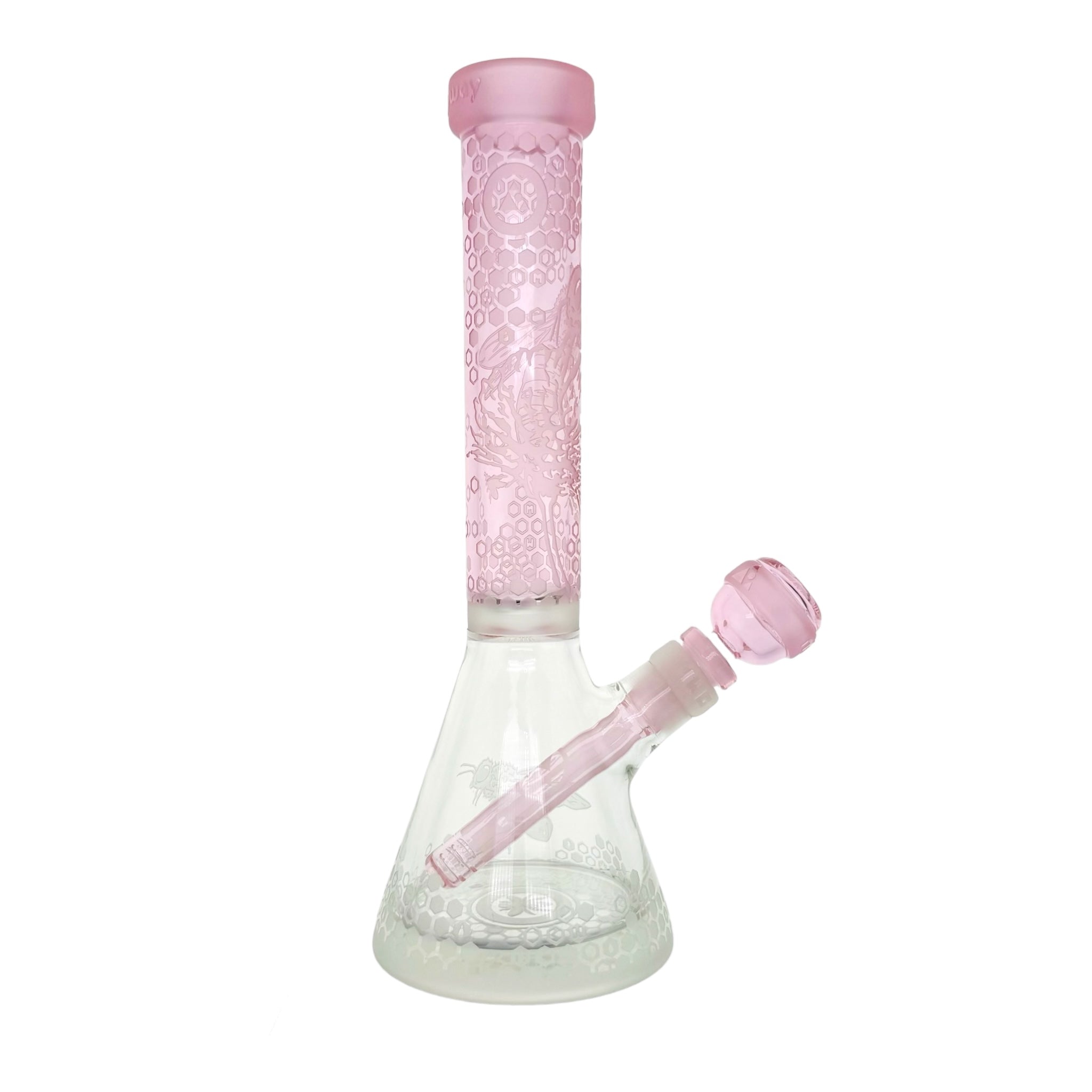 Milkyway Glass - 11 Inch Sandblasted Mini Bee Apiary Beaker Base Bong With Pink Neck