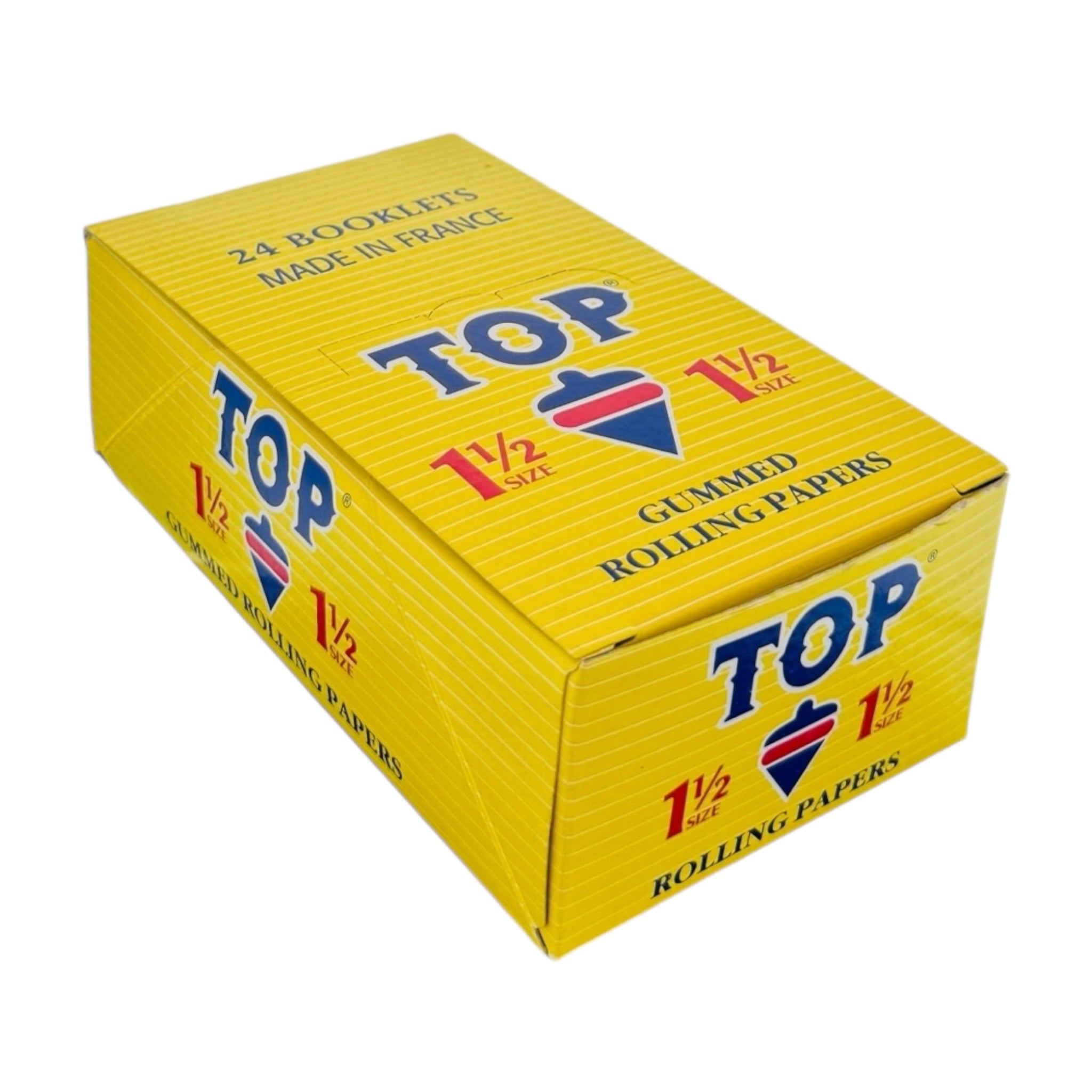 Yellow box of TOP 1 1/2 size gummed rolling papers on a white background