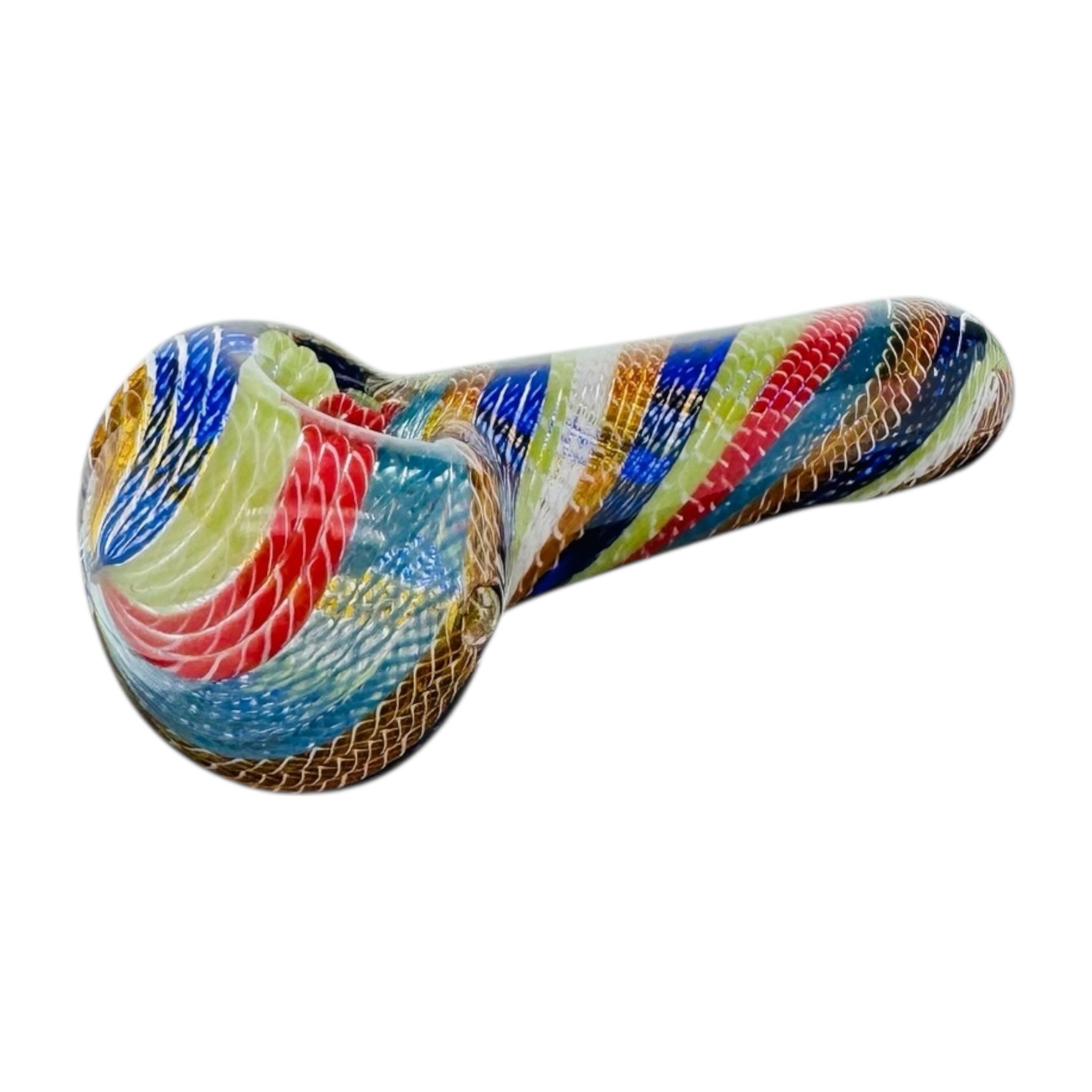 Multi Color Cane Line Work Twist Inside Out Glass Hand Pipe on a white background